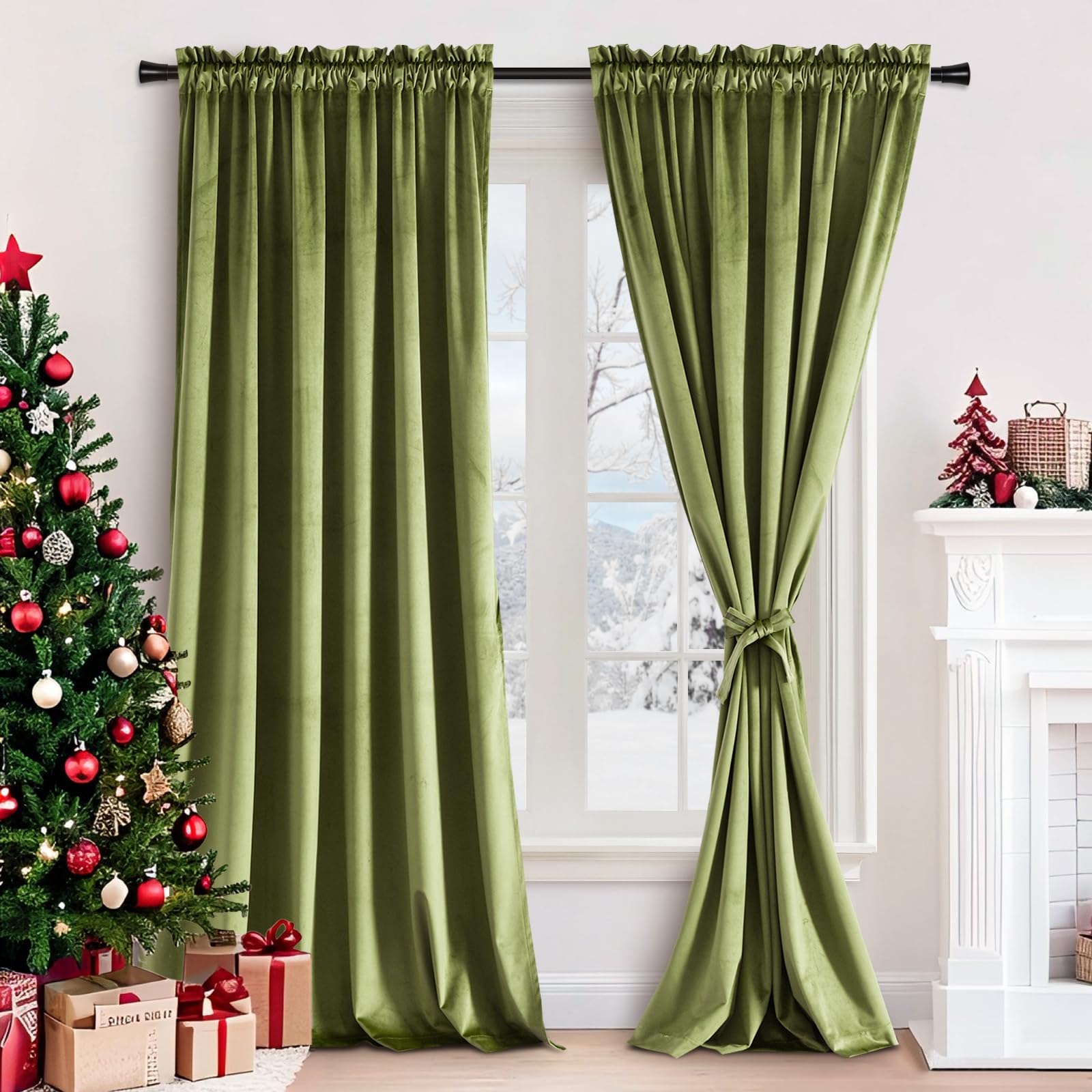 Rideaux occultants en velours isolation thermique de grande taille vert mousse