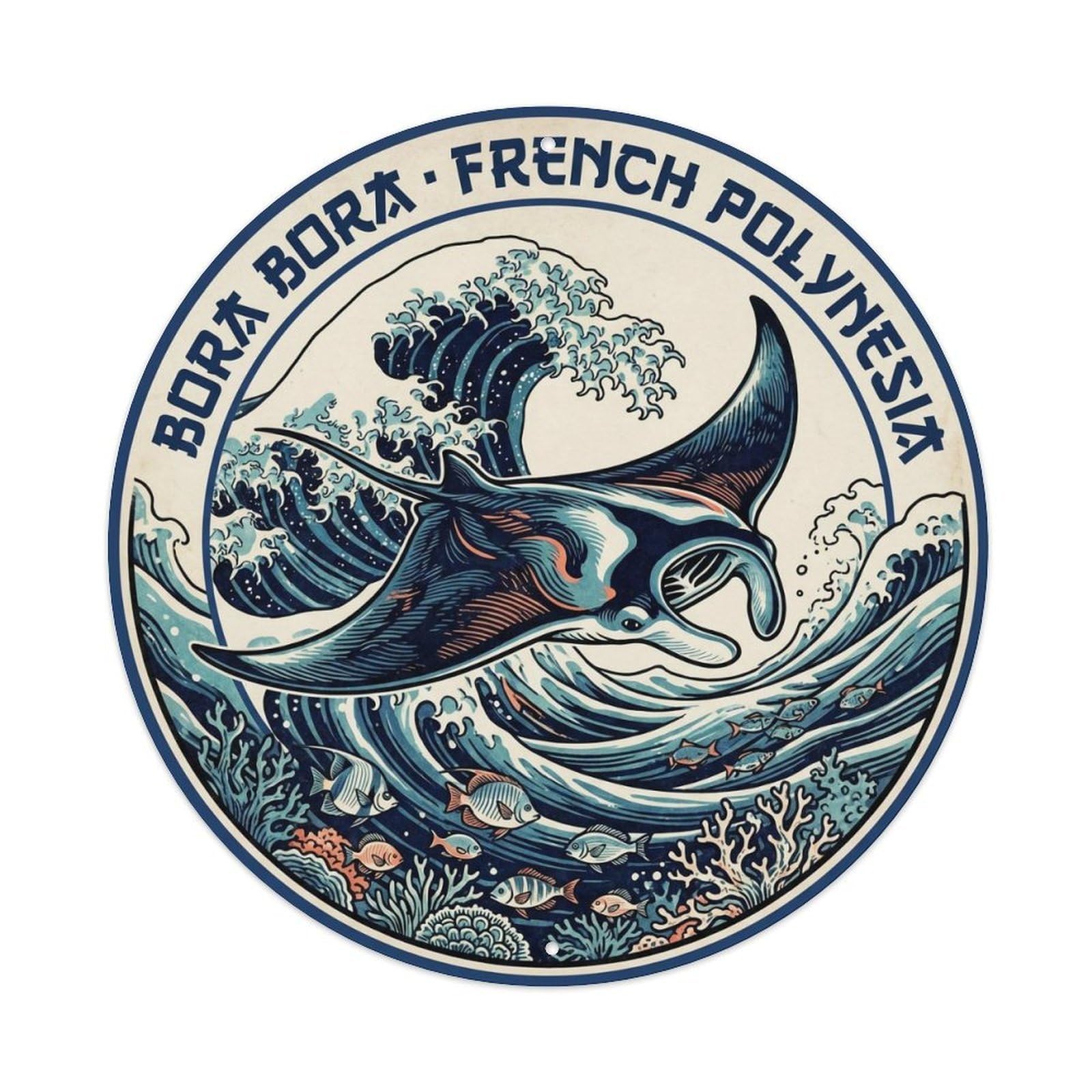 Olyhtr 8X8inch Classic Style Borabora Manta Ray Woodblock Reef Marine Wildlife Metal Tin Sign