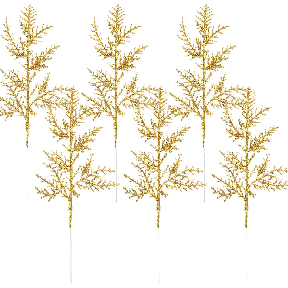 ccHuDE 24 Pcs Gold Artificial Leaves Glitter Pine Branches Xmas Pine Needles Floral Spray Picks Fake Pine Stems Golden Christmas Tree Decorations for