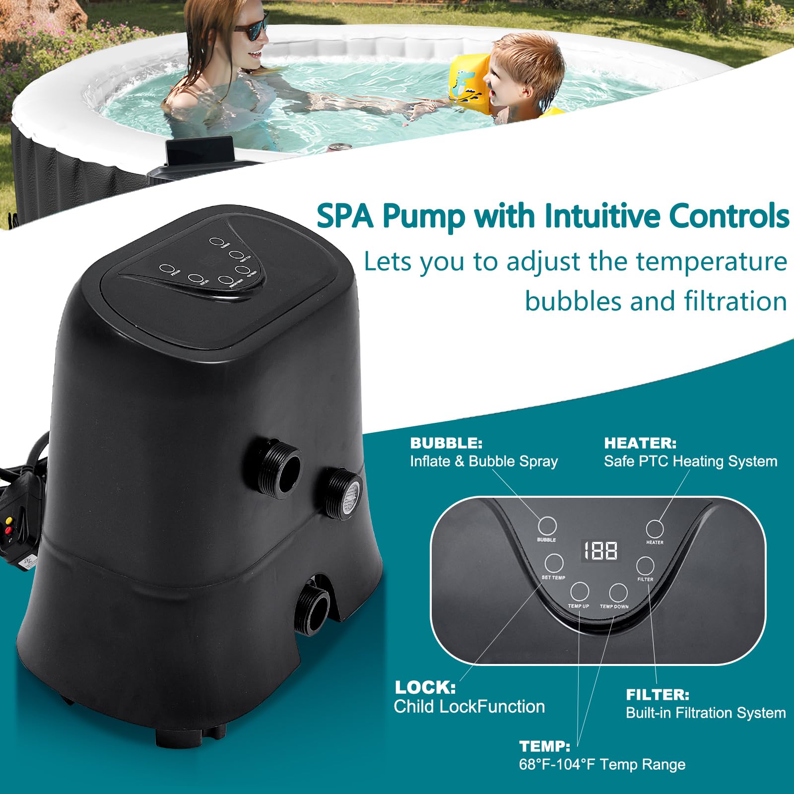 Inflable Tubo caliente 2-4 personas Ø 180 x 63.5 cm 2400W Bañera Inflable Tub con Bocas de aire, Tapa Aislada, Alfombra y Bomba De Calefacción Interior Exterior Spa Piscina Círculo (Negro
