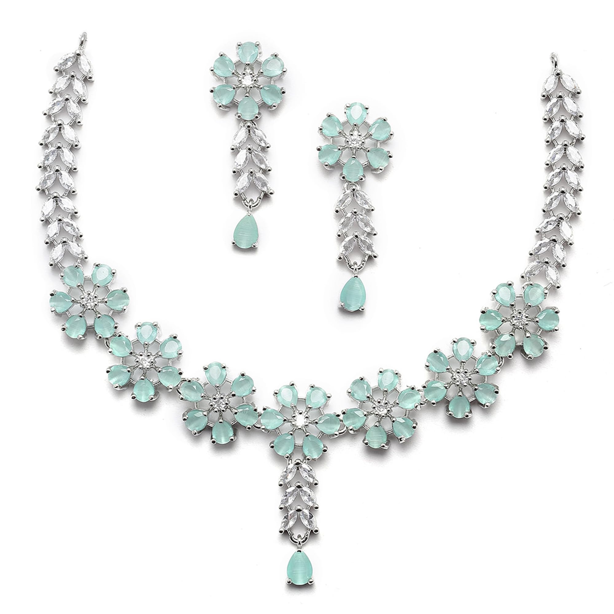 Rhodium-Plated Silver Toned Star Shaped American Diamond Studded Necklace Earrings Jewellery Set for Girls and Women-image-5