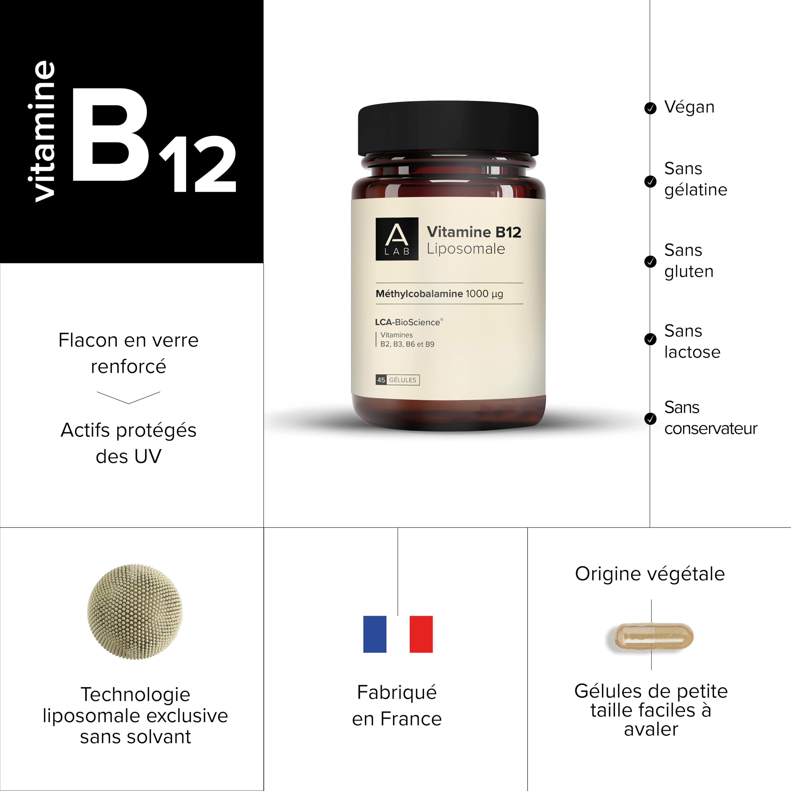 A-LAB Vitamine B12 liposomale 1000µg - Assimilation renforcée - Complément Alimentaire Santé Cardiovasculaire, Système Nerveux, Energie - Vitamines B2, B3, B6, B9, B12-45 jours - Fabriqué en France