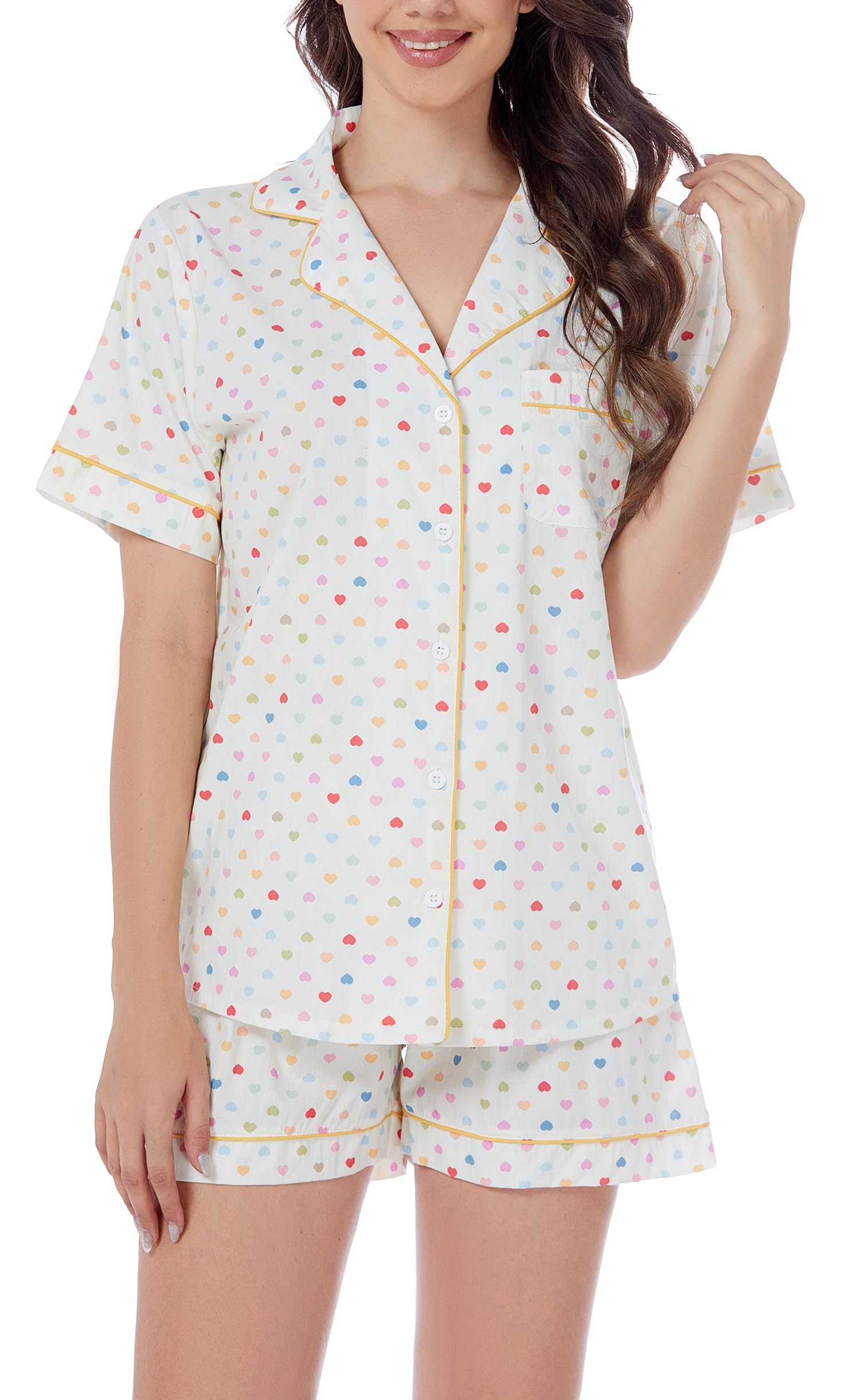 LUBOT 100% Cotton Pajamas for Women 2 Piece PJ Set Poplin Woven Lightweight Ladies Button Short Sleeve Sleepwear S-XXL