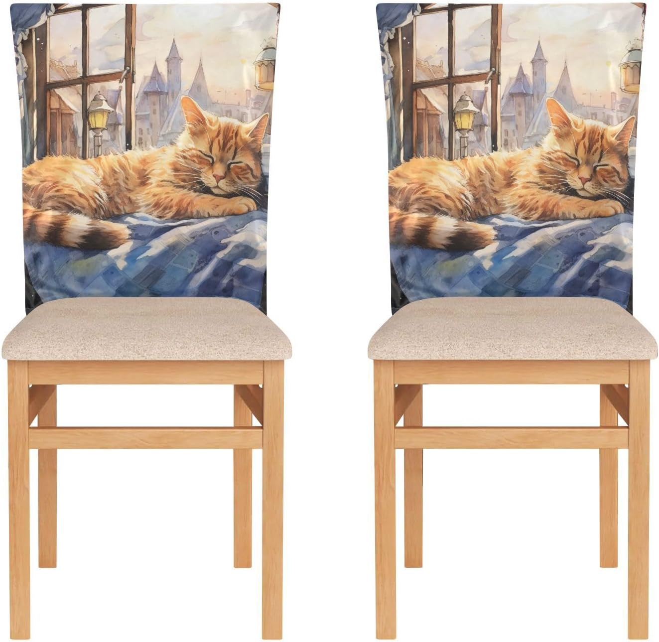 ALAZA Cute Cat City View Chair Back Cover Set of 6, Washable Reusable Removable Chair Slipcovers Decorative Chair Cover for Home Kitchen Wedding Party
