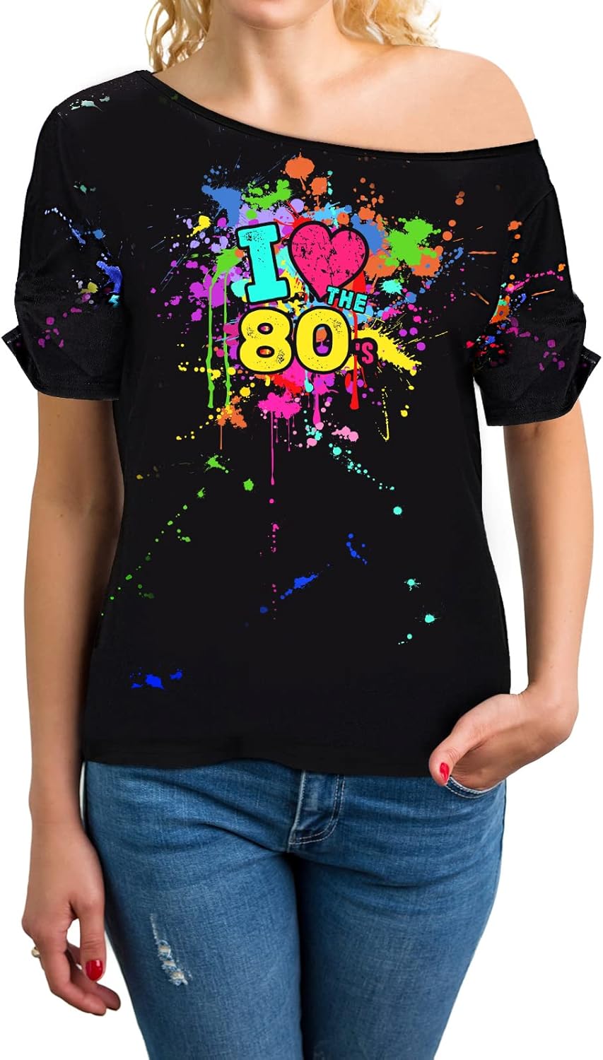 Coume 80年代 女性用コスチューム ラブオフショルダーTシャツ ノベルティ ネオントップ服 コスチューム ミッドスリーブ 長さ