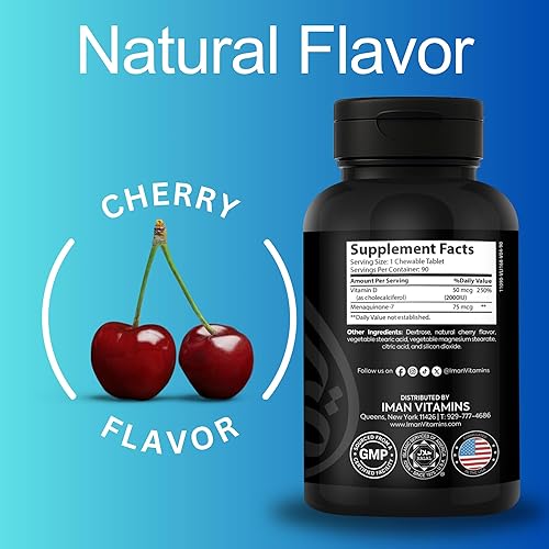 Miniatura 4 de Iman Vitamins Vitamina D3 Halal con tabletas masticables K2  Vitamina D 2000 iu + Menaquinona-7 (MK7)  Apoya la salud del corazón, huesos y músculos