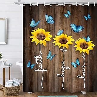 Sunflower Butterfly Shower Curtain, Rustic Yellow Flower and Faith Hope Love Words Shower Curtain, Vintage Country Wooden ...