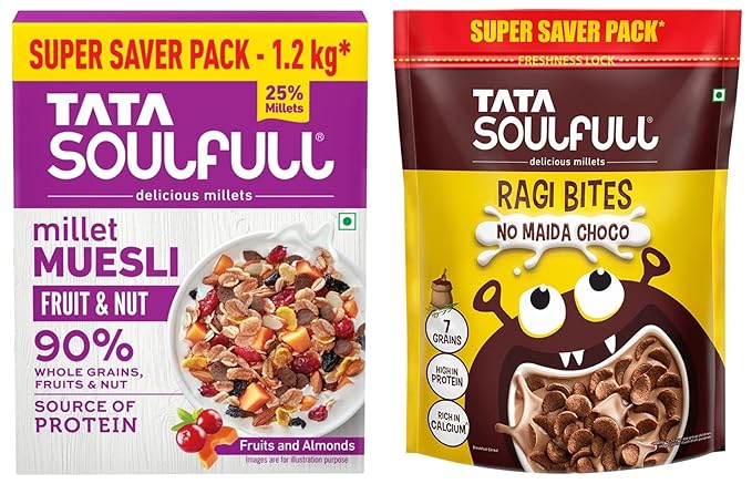 Tata Soulfull Millet Muesli | Fruit & Nut|33% Extra | Super Saver Pack - 1.2 kg* & Tata Soulfull Ragi Bites No Maida Choco, Breakfast Cereals, Yummy Chocolaty,1.2 Kg