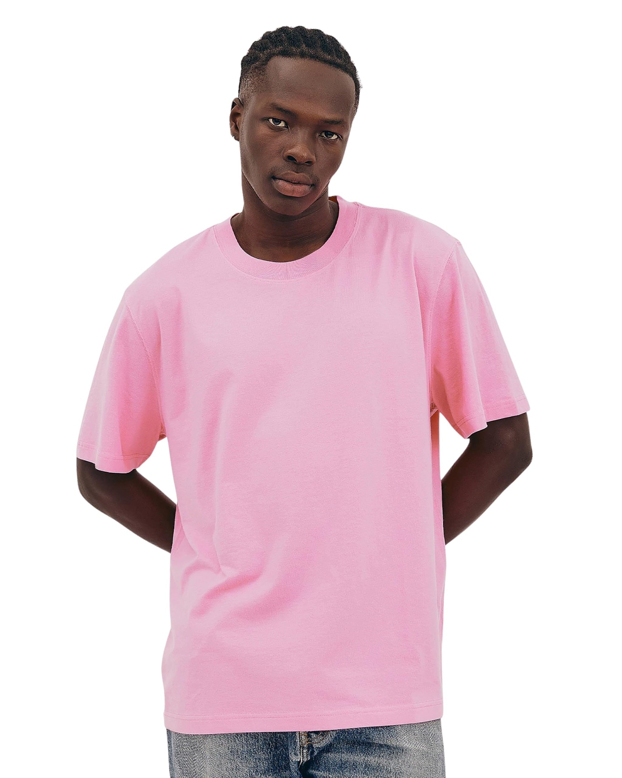 Organic Basics Men's True Boxy Fit Organic Cotton Short Sleeve Crewneck Tee Shirt, Soft Pink, Large