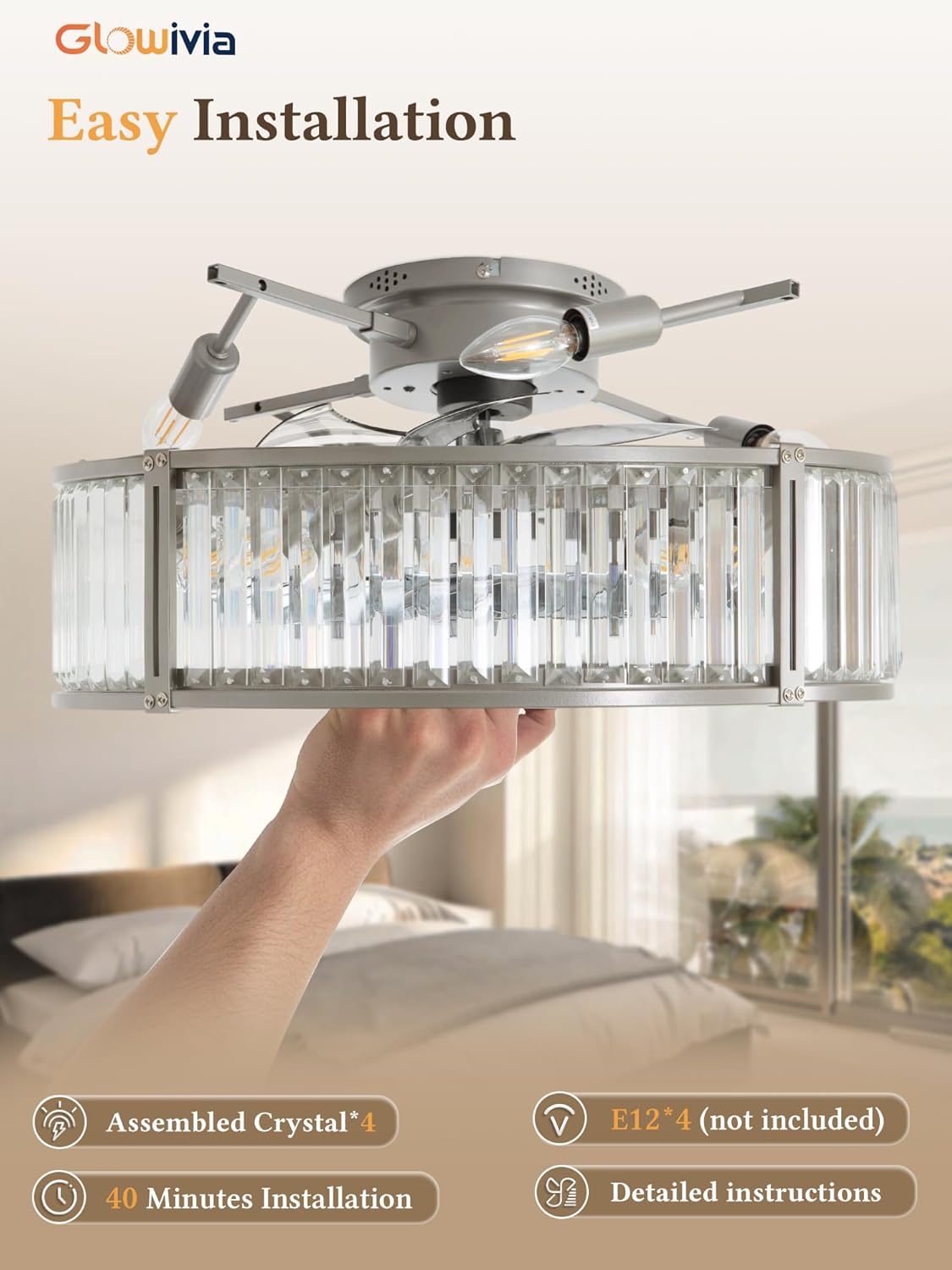 20 Inch Fandaliers Ceiling Fan, Nickel Crystal Ceiling Fans, Chandelier Fan with Remote, 6-Speeds, 1/2/4/8H Timer, Quiet DC Motor, Small Caged Ceiling Fan for Bedroom, Living Room, Kitchen