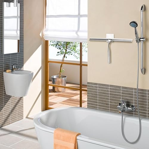 Miniatura 9 de Escobilla de ducha de acero inoxidable con gancho autoadhesivo, escobilla de ventana para puertas de ducha, limpiadores de espejo de baño, limpieza