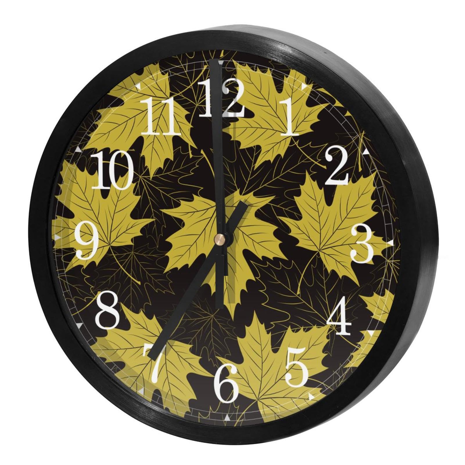 Horloge murale silencieuse pour cuisine et maison au design de feuille d'érable jaune