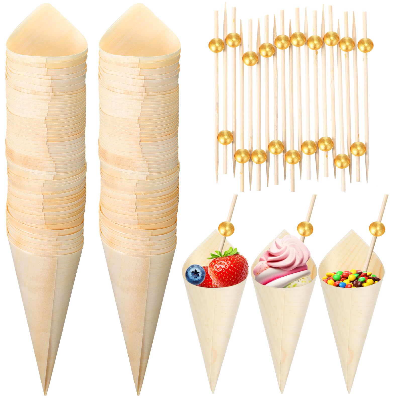 Queekay 200 Pcs Disposable Wood Charcuterie Cones, 7 Inch