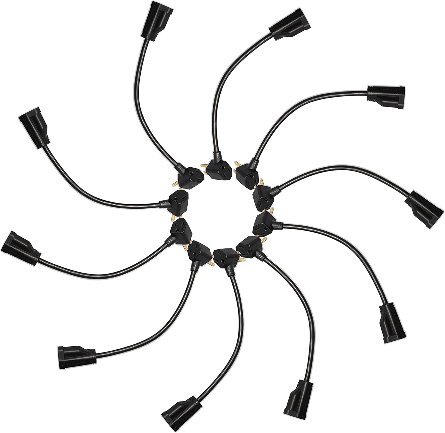 Ten KMC 1-Foot 3-Prong Power Extension Cords arranged in a circle