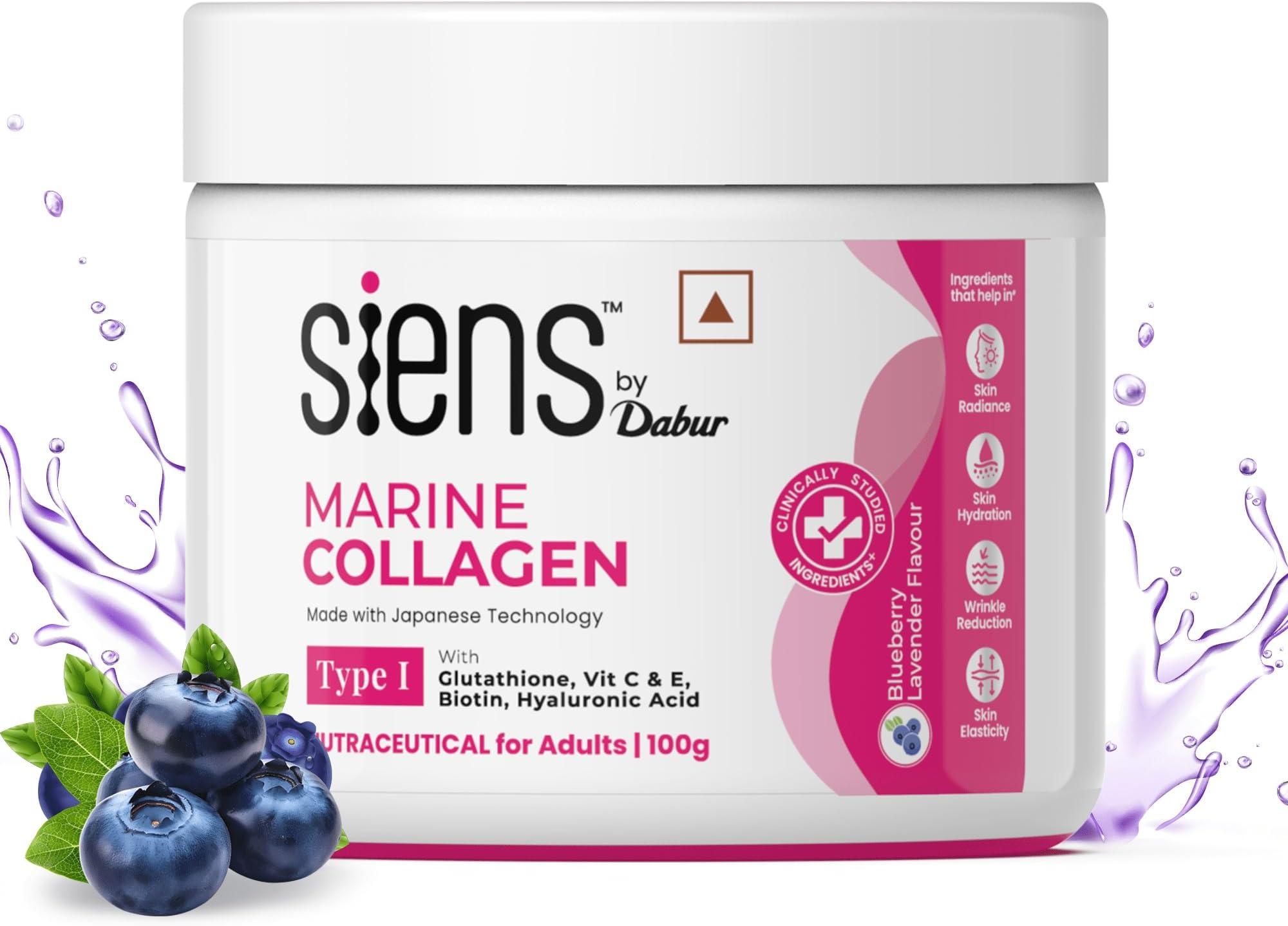 Siens By Dabur Hydrolyzed Marine Collagen-100g | Made with Japanese technology | Supplement for Women | For Skin Radiance & Hydration | Blueberry Lavender Flavour, Powder