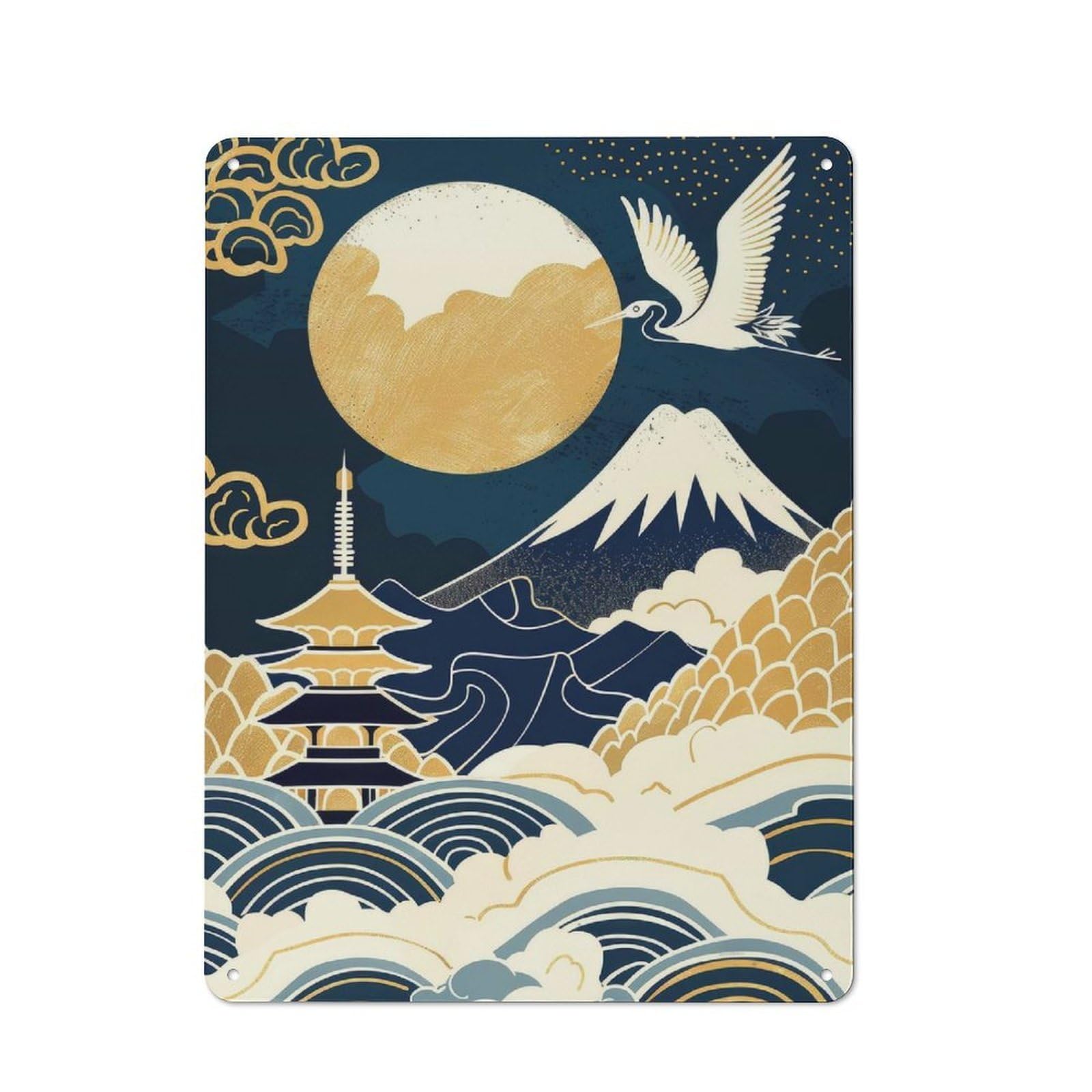 Japanese Landscape with Crane And Pagoda Cottage Metal Wall Decor 40x30cm, Shed Metal Sign for Patio Bar, Workshop, Shed Or Kitchen