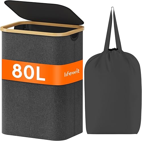 Miniatura 209 de Lifewit Cesta grande de 100 litros con tapa para ropa con asas de bambú y bolsa extraíble, plegable para dormitorio, baño, residencia universitaria