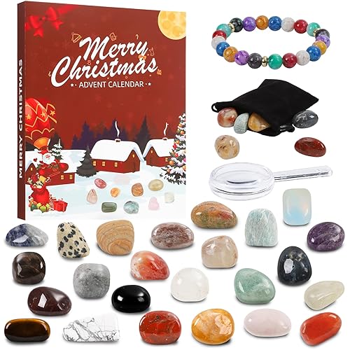Crystal Advent Calendar 2024, Advent Calendar with 24 Gemstones, Minerals &amp; Fossils，24 Days Christmas Countdown Calendar with Bracelet for Girls Boys Geology Enthusiasts