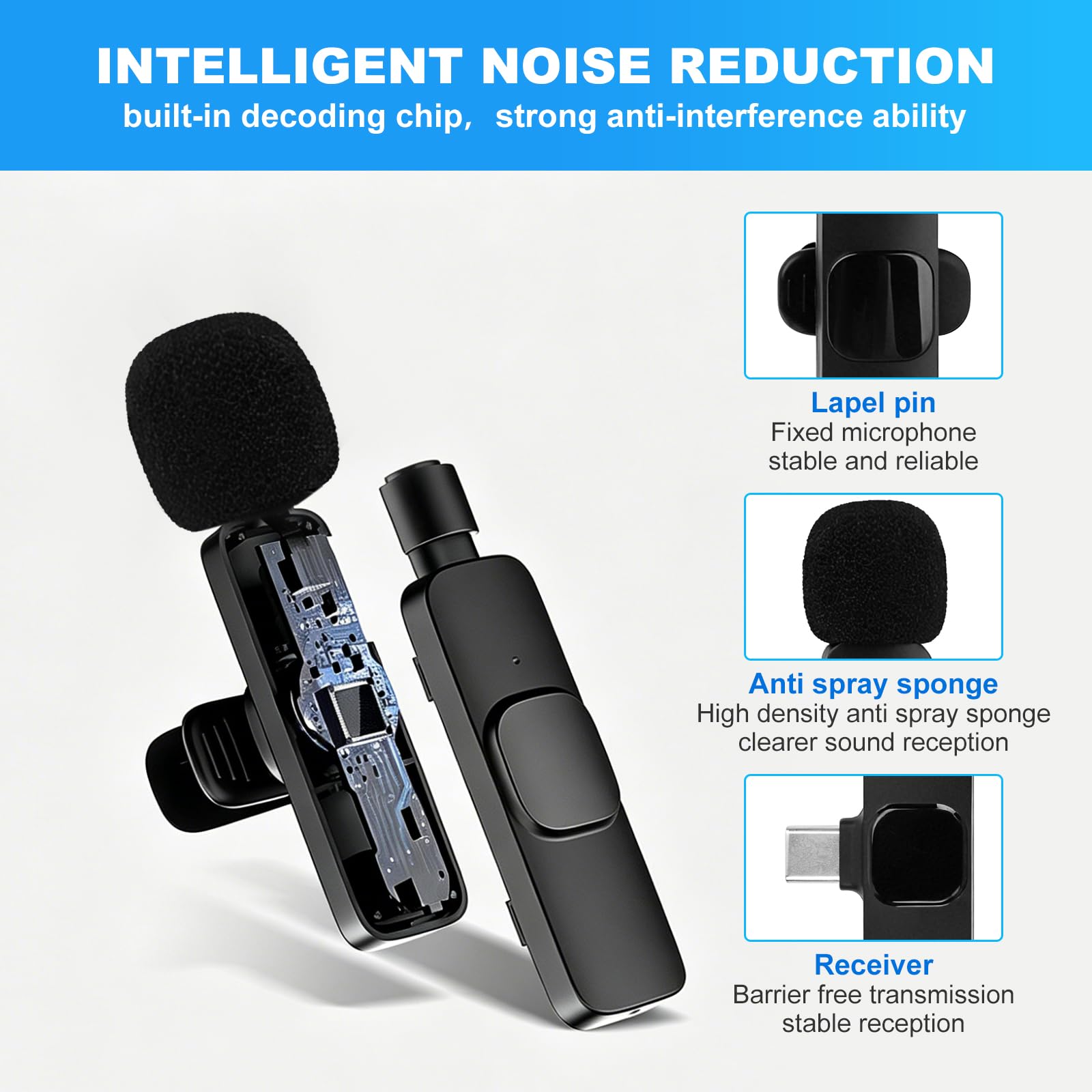 Lavalier Mini Mic Pro mikrofon bezprzewodowy do iPhone'a i telefonów z systemem Android, mikrofon do telefonu komórkowego z wtyczką USB-C/USB/Lightning, redukcja szumów do nagrywania wideo, wywiadów