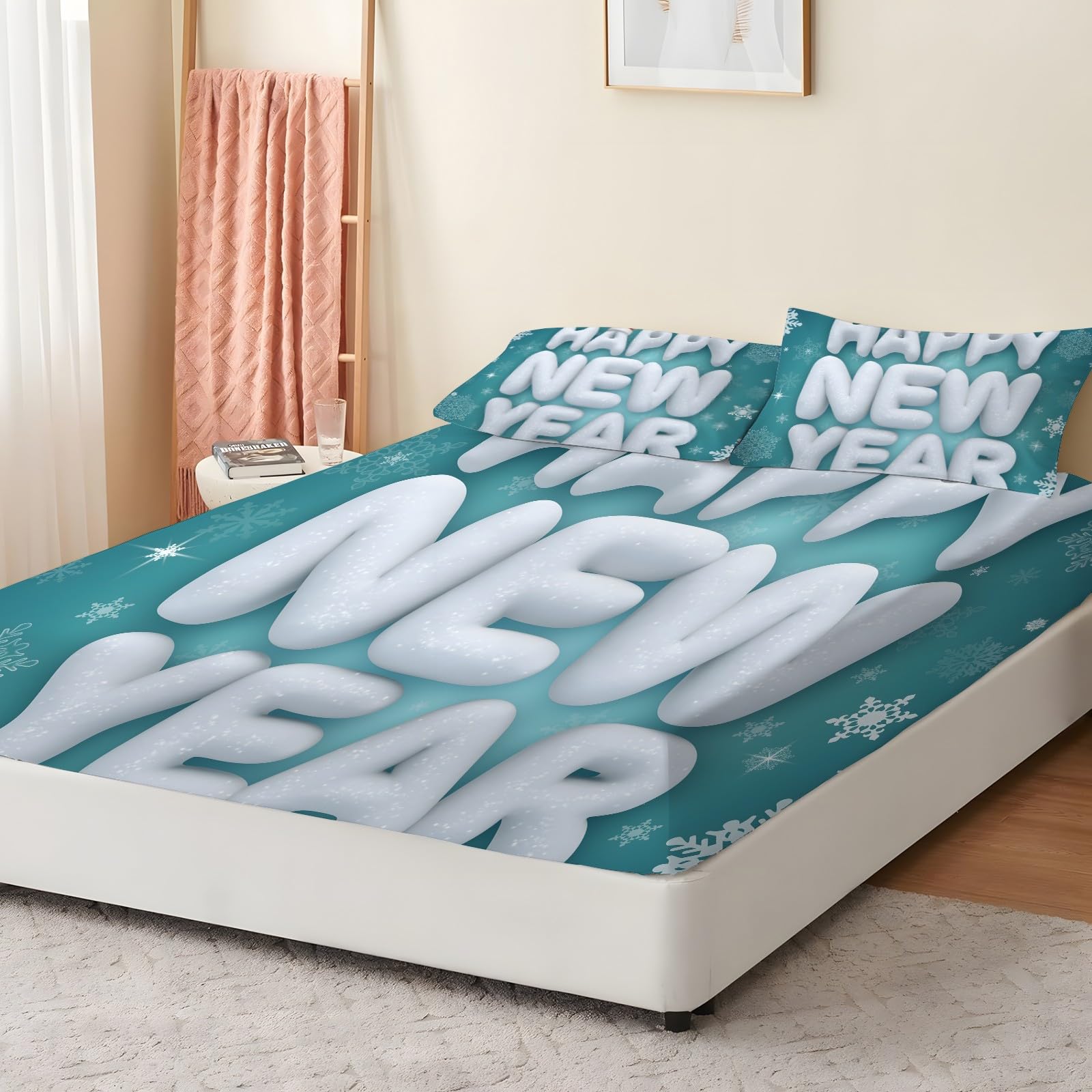 Sabana Bajera 135x190 FelizAñoNuevo Sabanas Bajeras Estampadas Copodenieve Sábana Bajera Ajustable Suaves, Elastico Funda Colchon con 2 Funda Almohada 50x80 cm, para Colchón de 30cm de Altura