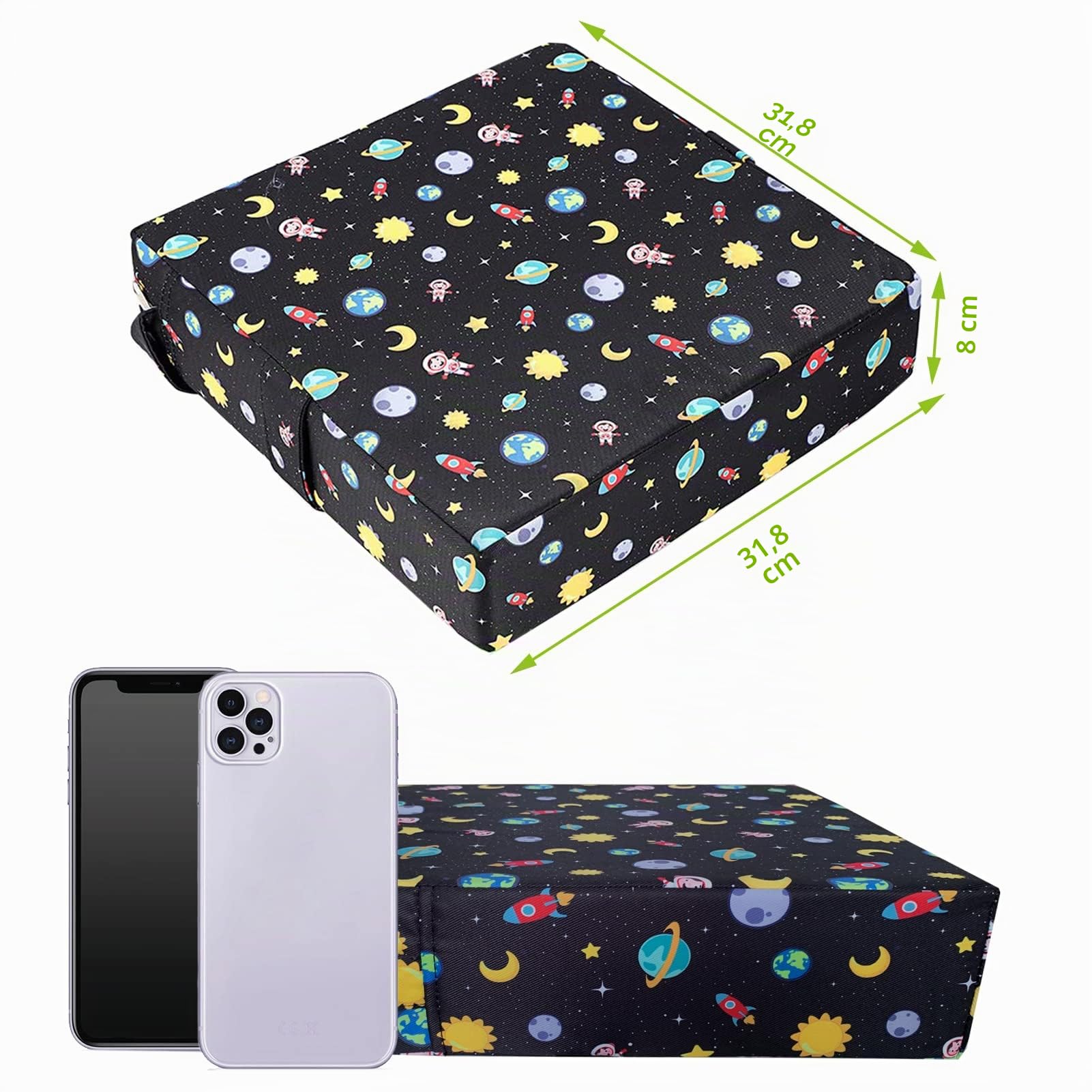 Taeku Cuscino Rialzo, Regolabile Lavabile Cuscino per Sedia Seggiolino Rialzo Booster Seat con 2 Sicurezza Fibbie per Tavolo da Pranzo (Pianeta Nero)