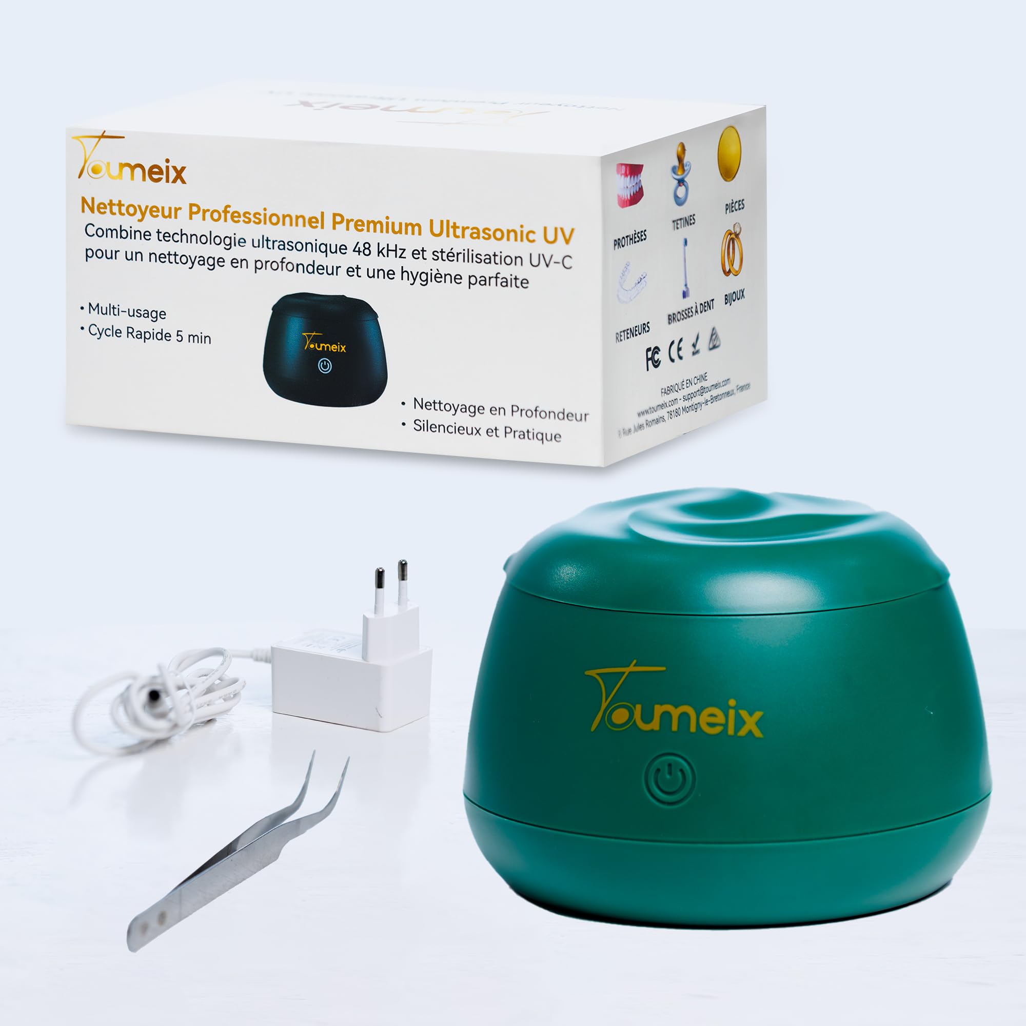 Nettoyeur Ultrasonique UV Premium – 48kHz Haute Fréquence, 200mL Inox SUS304, Étanchéité IPX7, Nettoyage Prothèses Dentaires, Reteneurs, Goutières,... Ultra Silencieux <43dB, Stérilisation.
