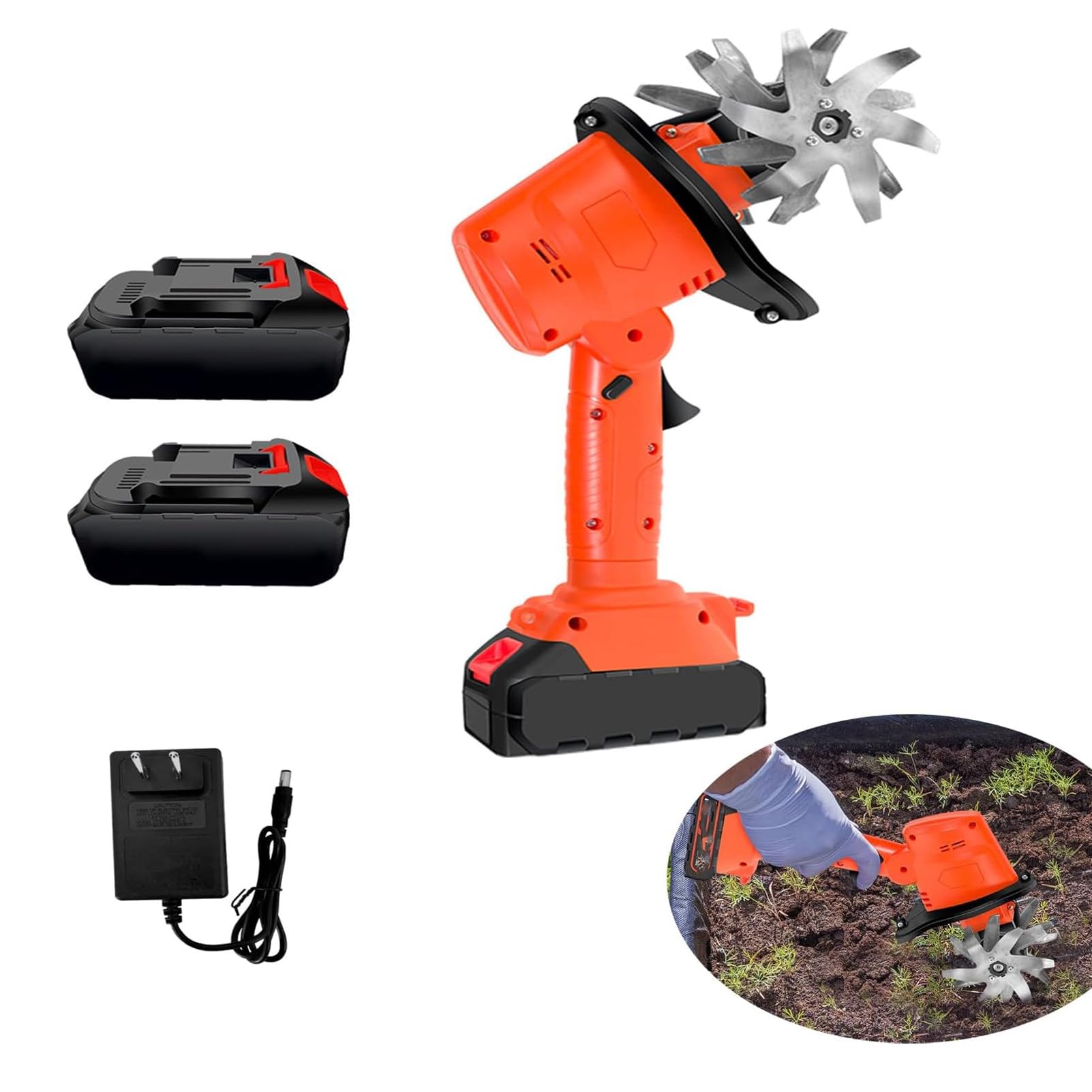 Motoazada Bateria,21V Motoazada Eléctrica,Ancho de Corte 10cm,Profundidad 10cm,550W 235rpm Jardín Fresa,para Granjas,Jardines,Huertos Orange-Red-