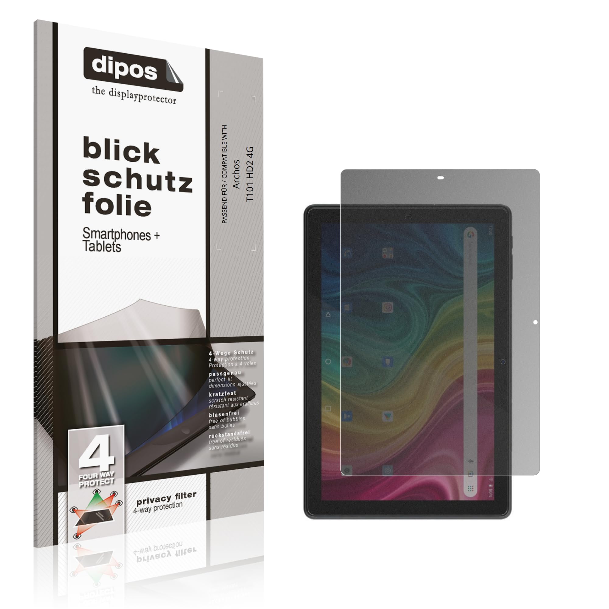 dipos Protector de Pantalla Antiespía para Archos T101 HD2 4G | Película protectora mate, filtro de privacidad 4 vías, ajuste perfecto, antiarañazos, sin burbujas, autoadhesivo
