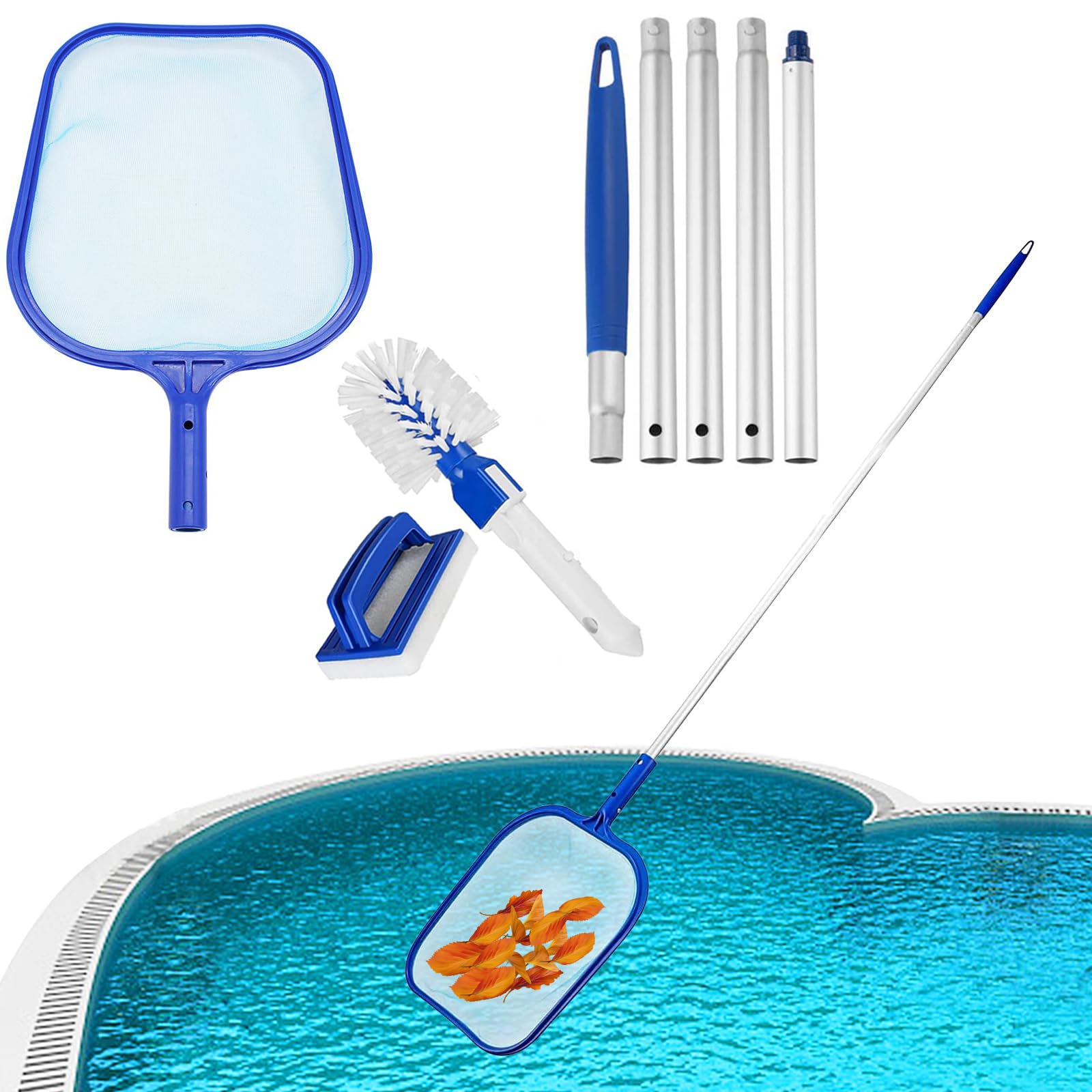 KASTWAVE Hot Tub Cleaning Kit, Pool Leaf Skimmer Fine Mesh Skimming Pool Net with 5-Section Aluminum Pole, Pool Cleaning Brush for Cleaning Garden Pond Hot Tub and Spa