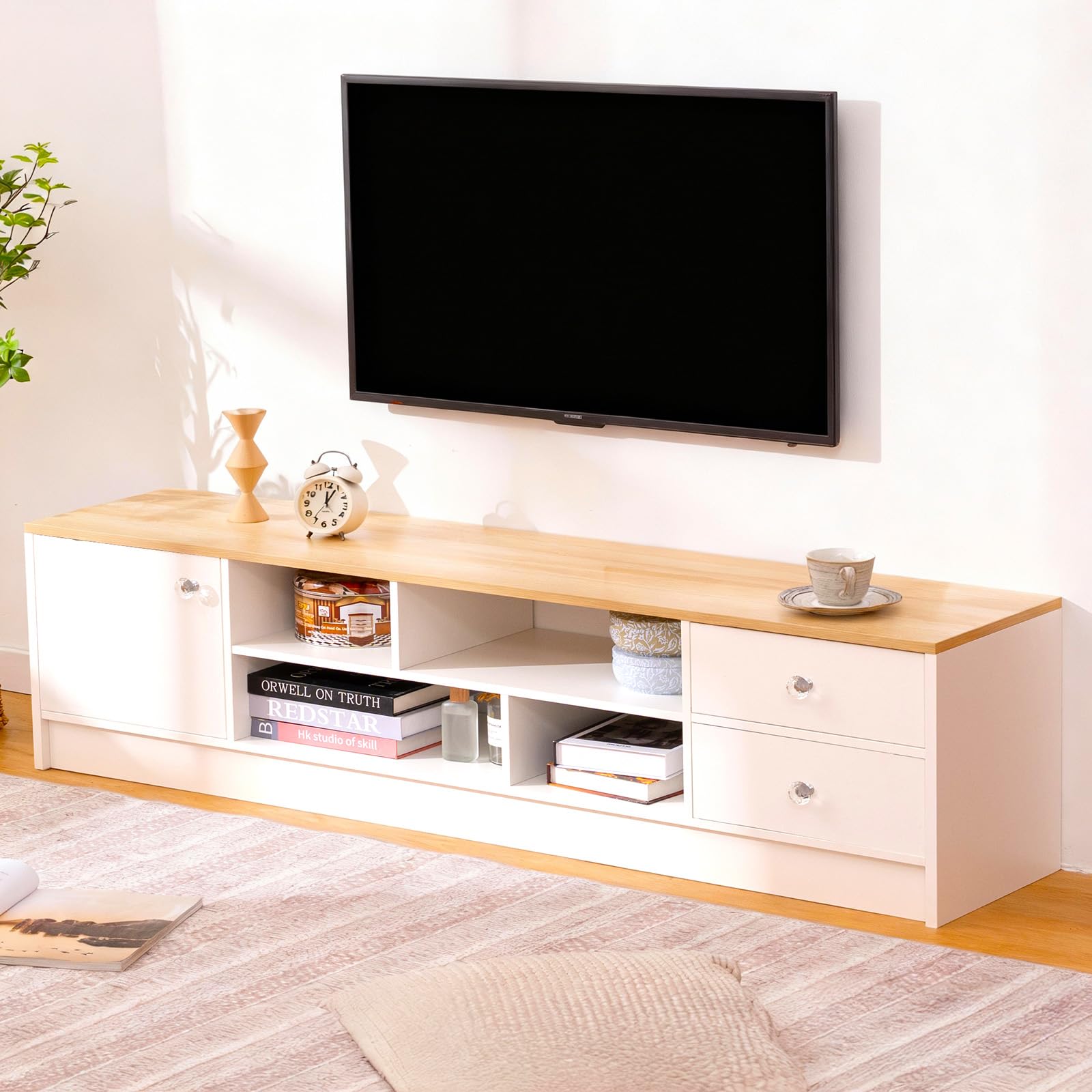Mobile TV Nordico 140×30 cm – 1 Anta, 2 Cassetti e 4 Ripiani Aperti, Piano Effetto Legno Chiaro & Struttura Bianca, Design Moderno per Soggiorno o Camera