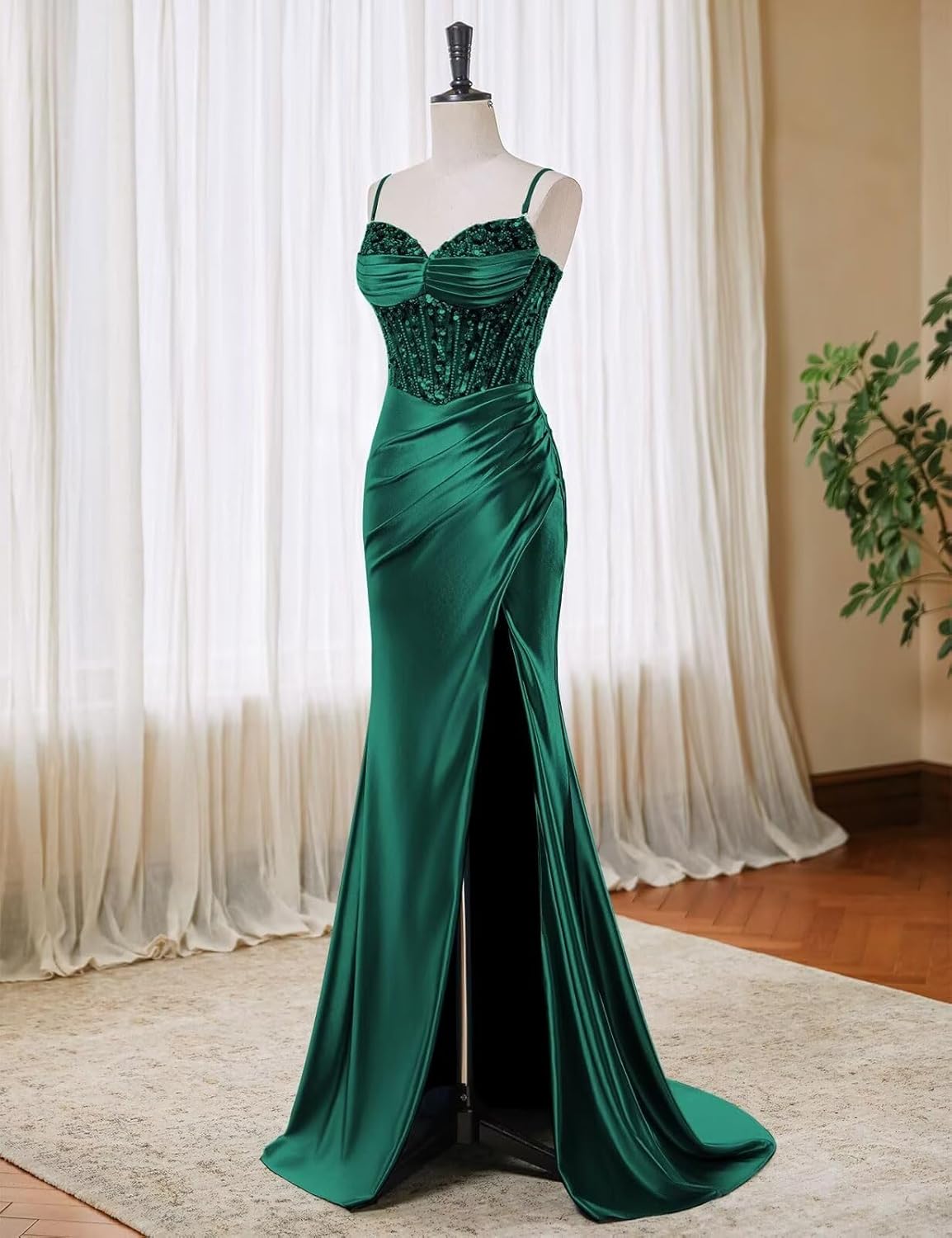 Spaghetti Straps Satin Prom Dresses with Slit 2025 Long Mermaid Corset Beaded Sequin V-Neck Ruched Evening Gowns