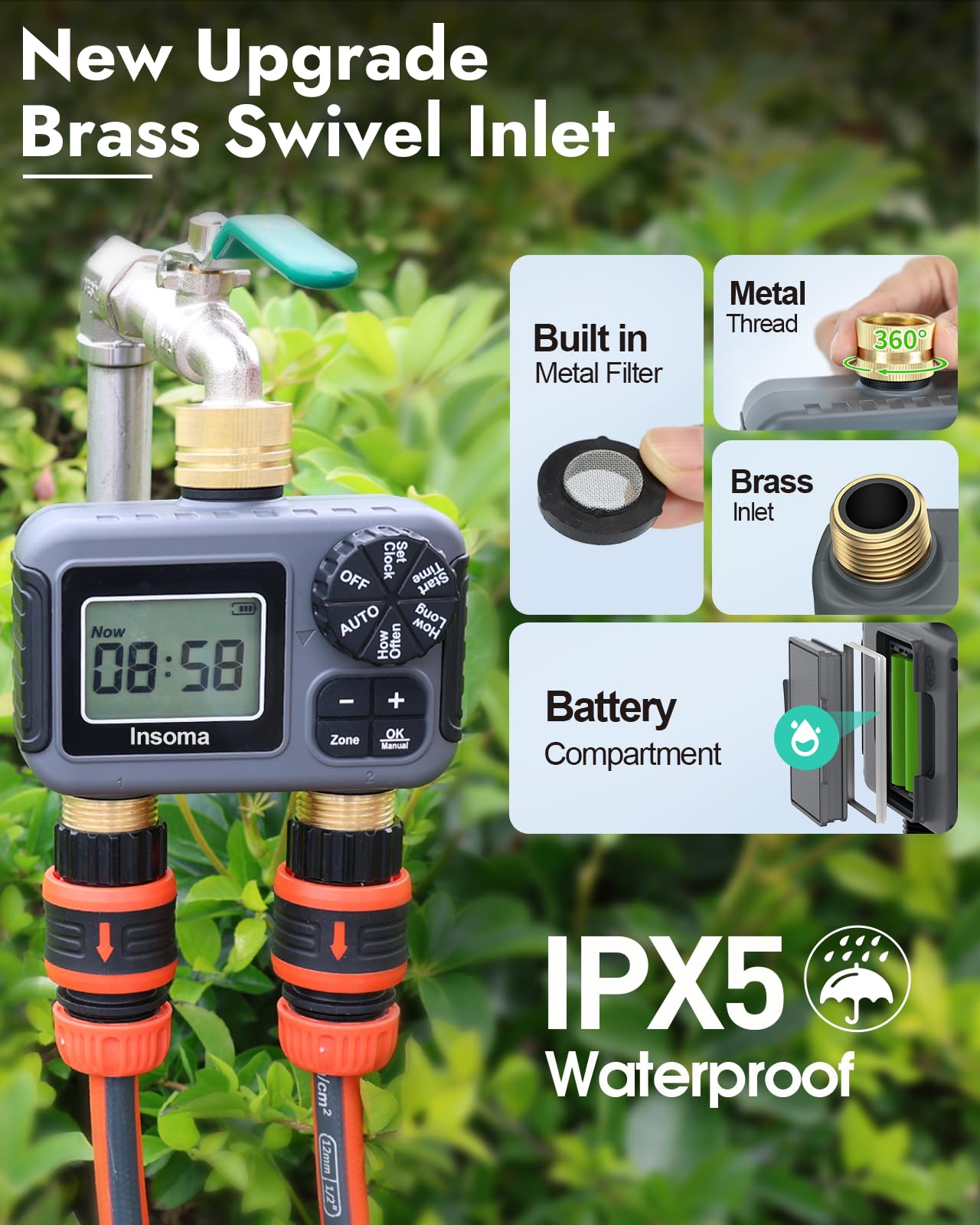 Insoma Sprinkler-Timer mit 2 Ausgängen und Messing-Einlass & Auslass, Wasser-Timer für Gartenschlauch mit automatischen/manuellen Modi + Regenverzögerung, Schlauch-Timer für Garten, Hofrasen, IPX5