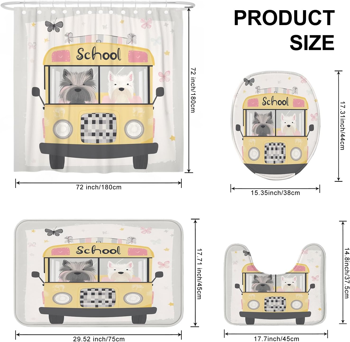 4PCS Cartoon Scottish Terrier Dog Bathroom Accessory Sets with Non-Slip Rug, U Shape and Toilet Lid Cover Mat, Kid School Bus Bathroom Fabric Decor-72''x72''