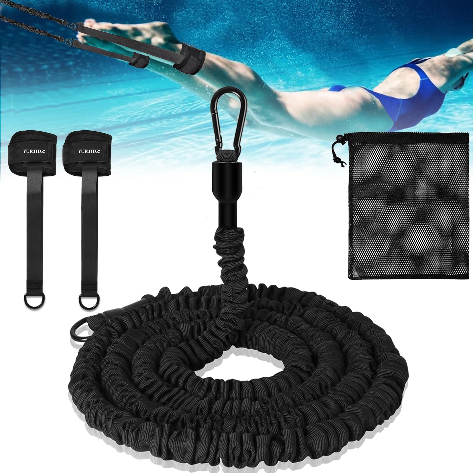 Verstellbarem Schwimmgürtel für Pool mit 4-7,5 M Elastischen Gummibändern,Schwimmhilfe für Erwachsene und Kinder für Jedes Schwimmbad Ohne Gegenstromanlage,Einstellbare Schwimmwiderstand Gürtel