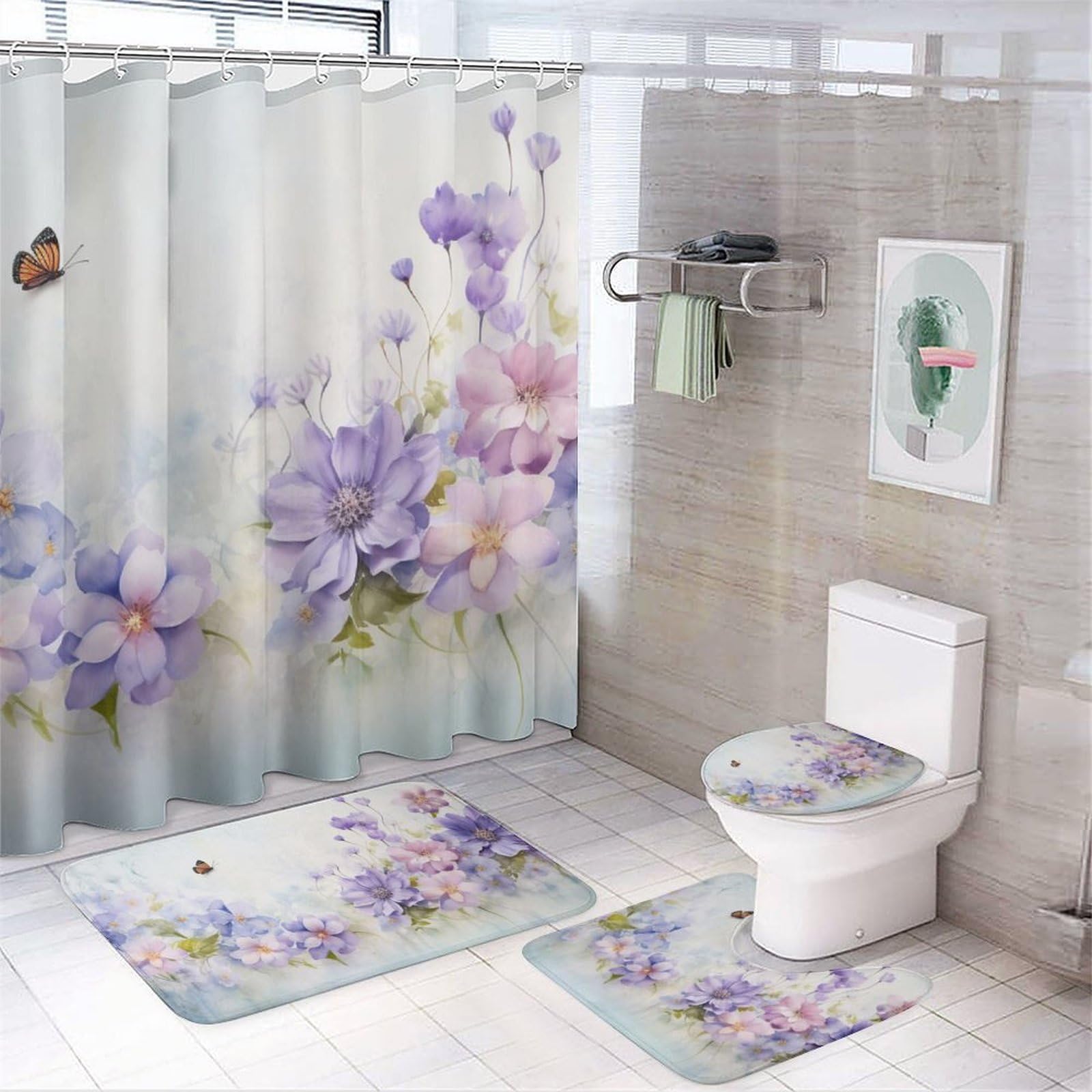 Dunmat Beautiful Floral 4 Pieces Shower Curtain Sets with Non-Slip Rugs, Toilet Lid Cover and Bath Mat, Purple Flowers Natural Plants Butterflies