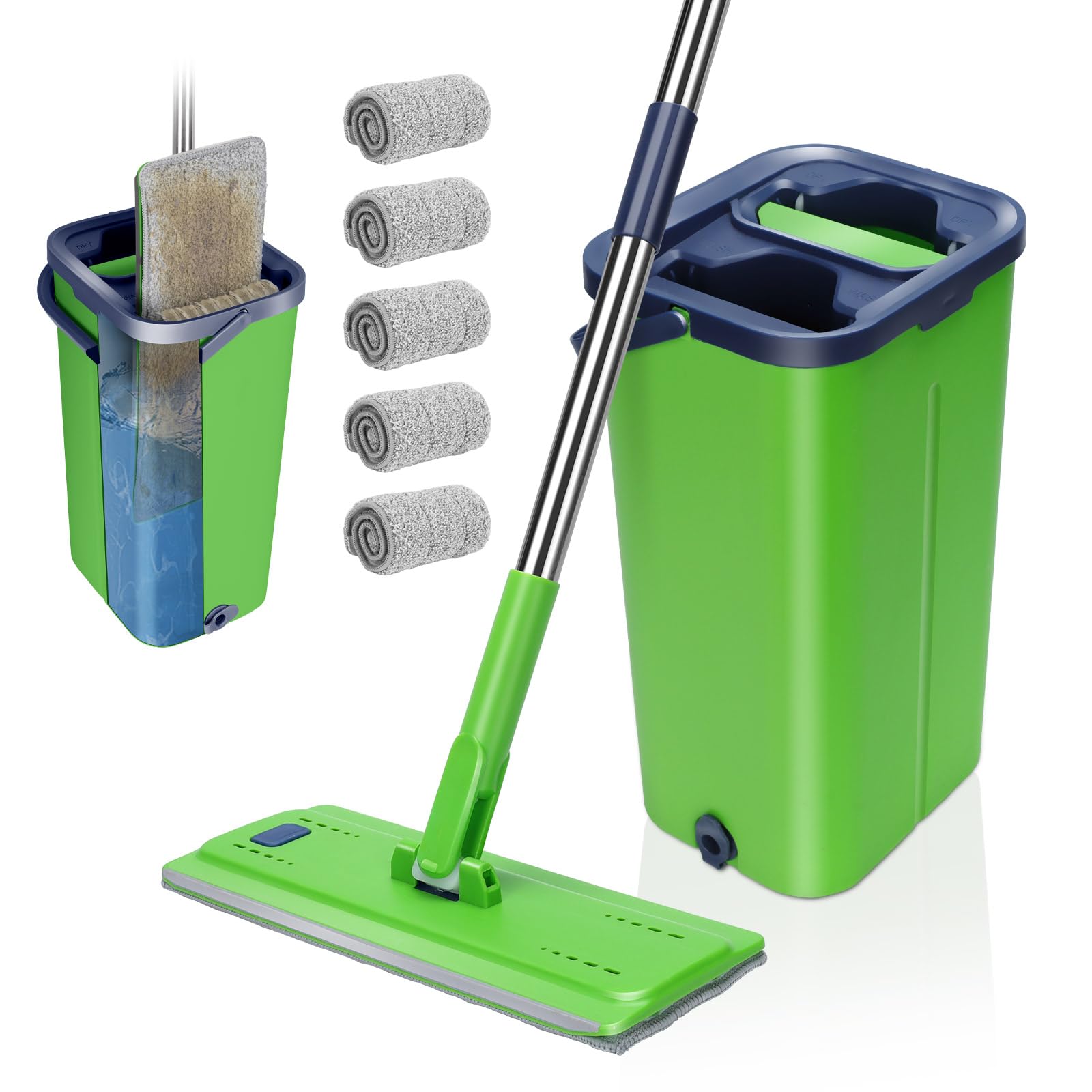 Masthome Wischmopp Set mit Eimer,138CM Wischmopp mit Auswringfunktion, Putzeimer mit Wischmop aus Edelstahl Griff und 5 Mikrofaser Pads,Flacher Bodenwischer Set alle Arten von Böden-Grüner