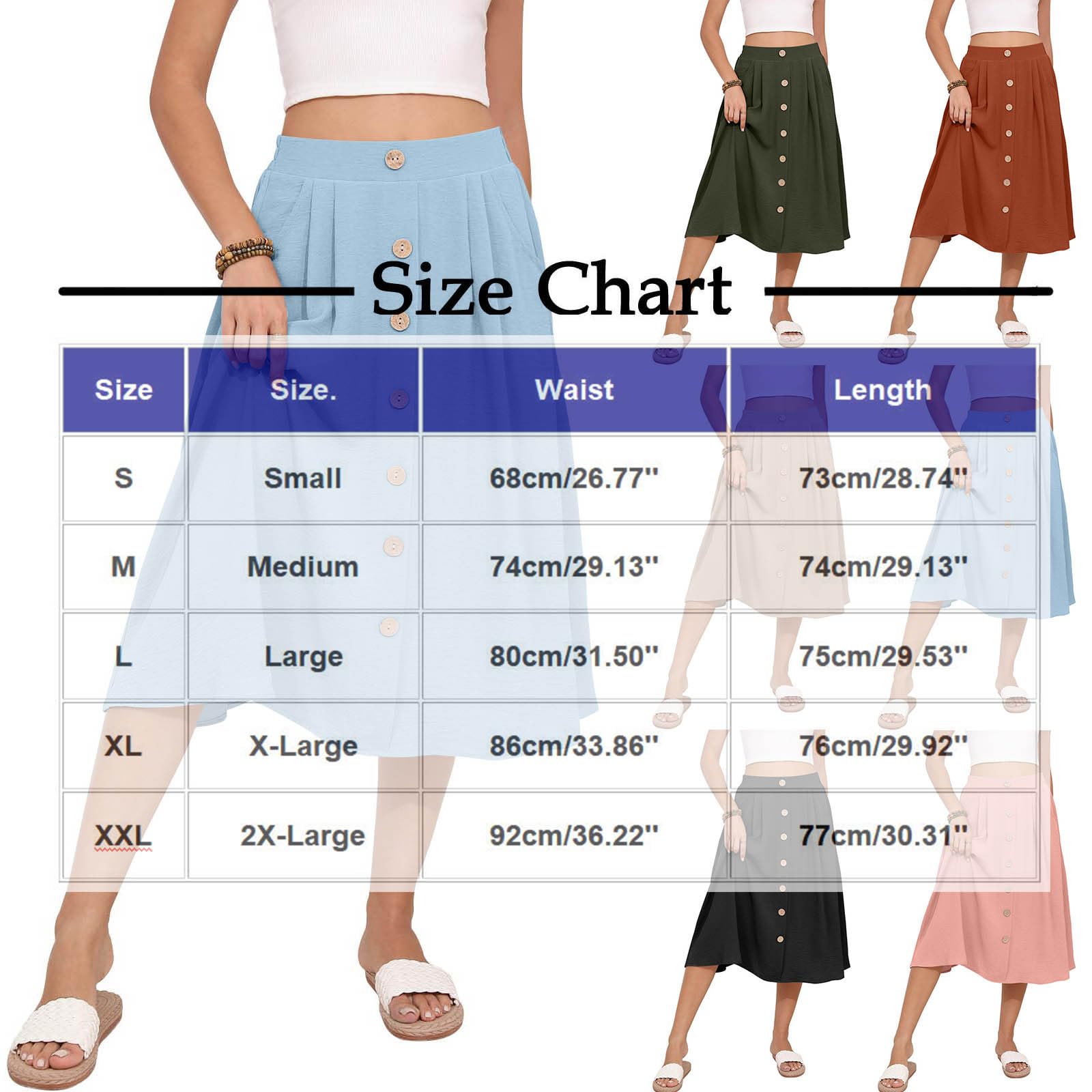 Women's Pleated A-line Midi Skirt Elastic Waist Fake Button Front Casual Flared Long Skirts Summer Office Work Skirt Pink