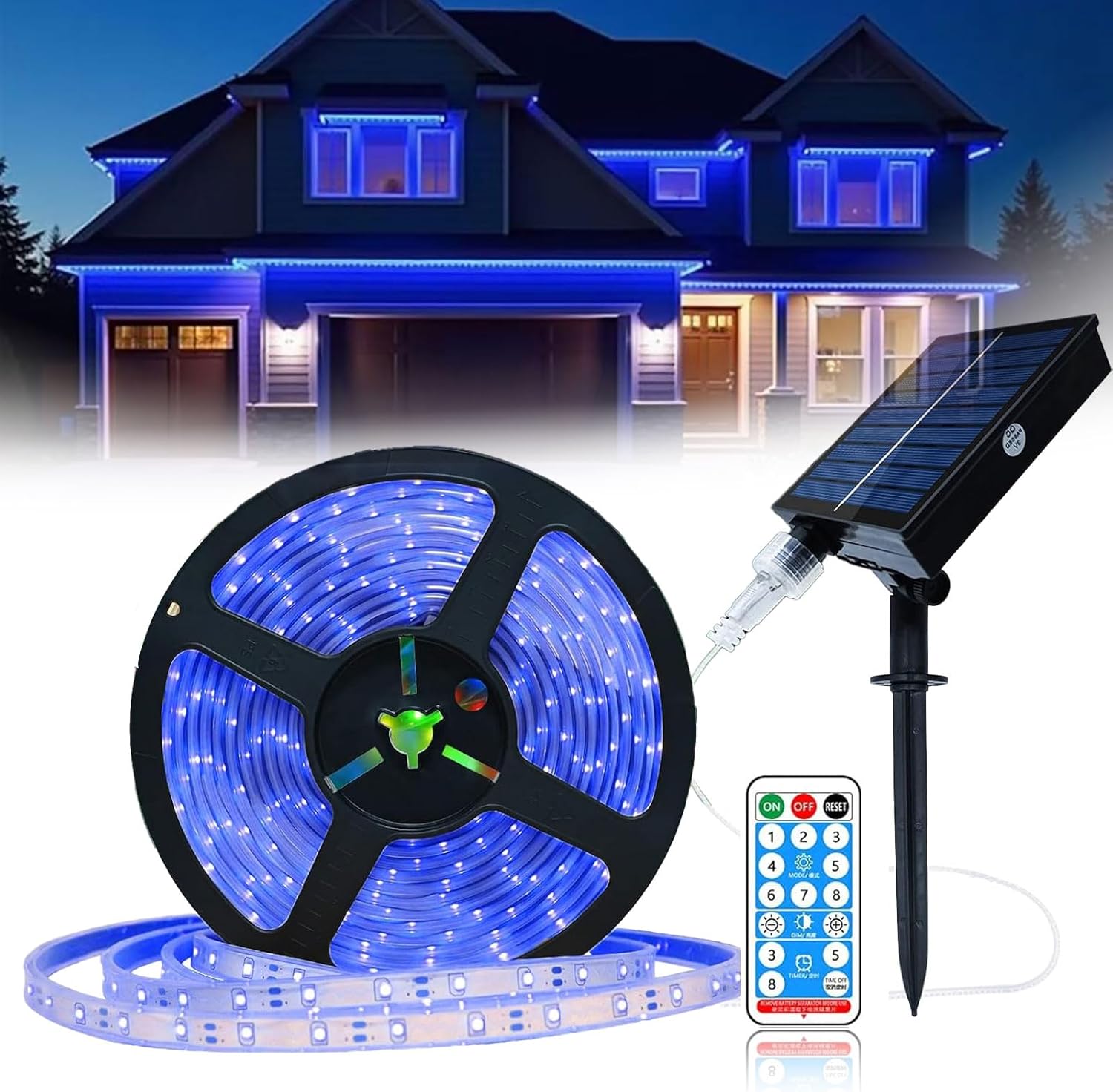 UT Solar LED Strip Lights Outdoor, 32.8ft 560 LEDs, Solar Powered Blue Light LED Strip with 8 Lighting Modes IP67 Waterproof 2835 SMD Rope Lights for Garden Trees Christmas Party Decor