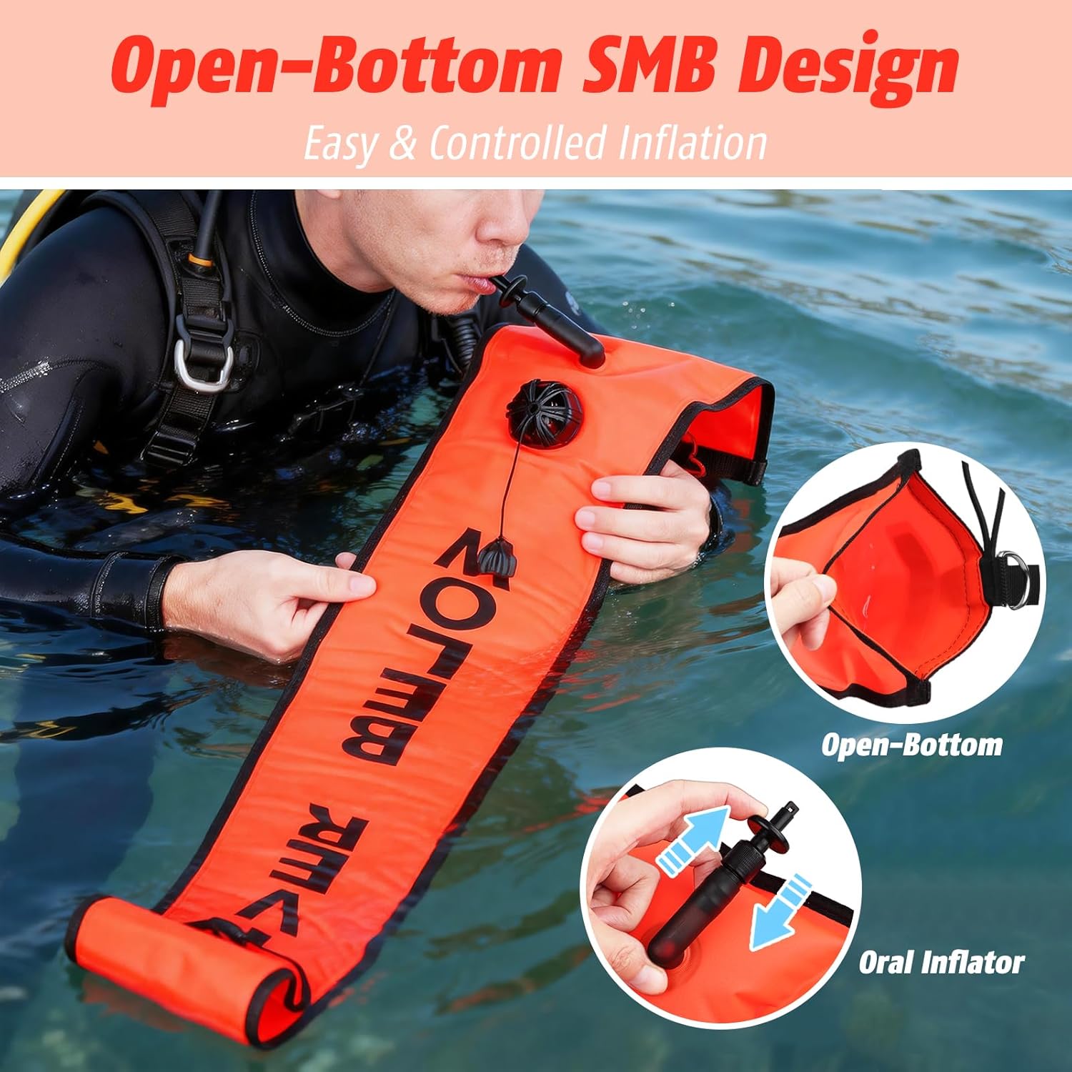 Scuba Diving SMB Kit – 4FT Surface Marker Buoy Dive Float, 49ft Finger Spool Reel+Bolt Snap & Mesh Storage Bag, High-Visibility Signal Tube for Snorkeling, Freediving
