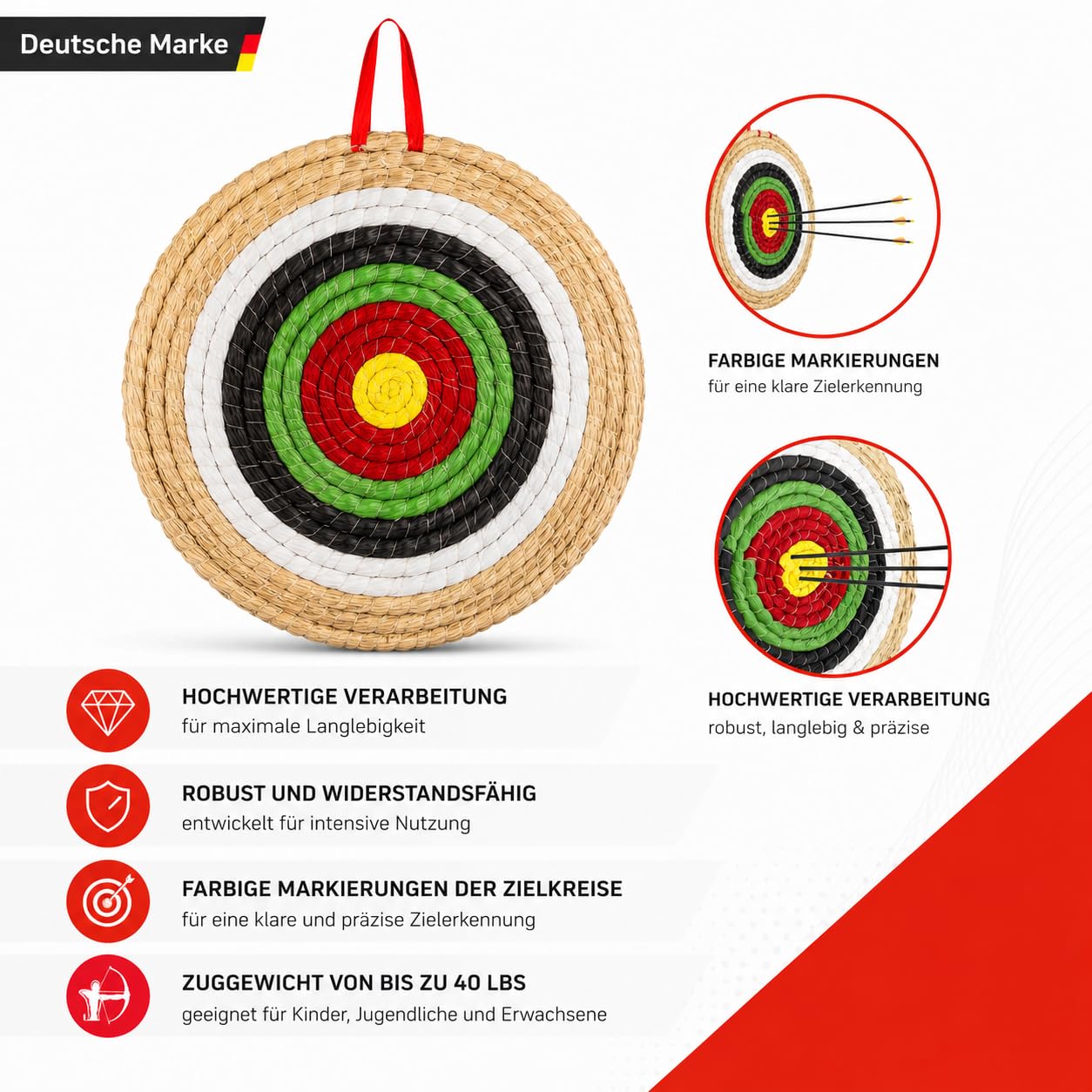 Flitzebogen Zielscheibe Bogenschießen | Strohzielscheibe Natur 50x50x5 cm 3-lagig für Kinder Anfänger Fortgeschrittene für Pfeil und Bogen Armbrust Ziel