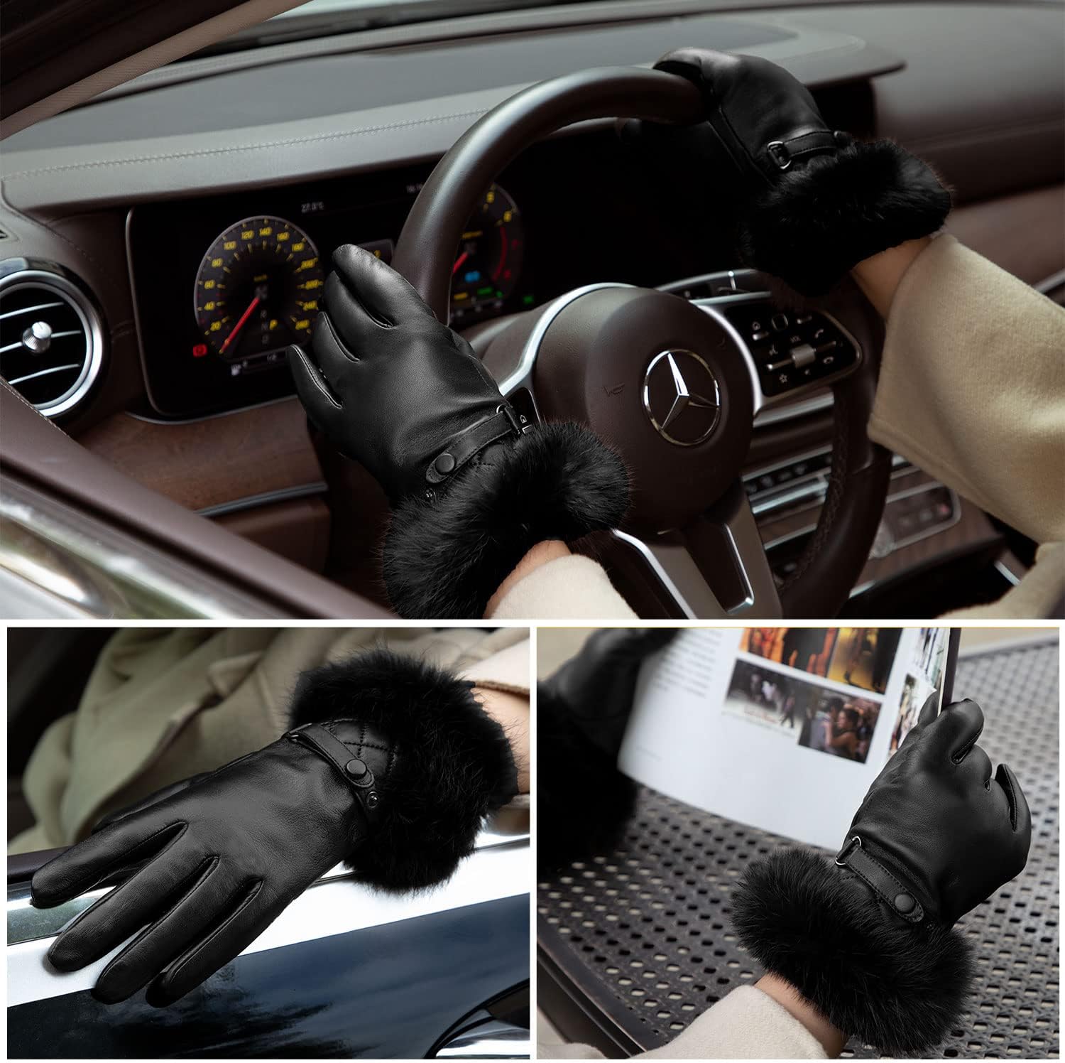 GSG Women Leather Gloves Luxury Rabbit Fur Cuff Winter Touchscreen Warm Driving Gloves - Image 7