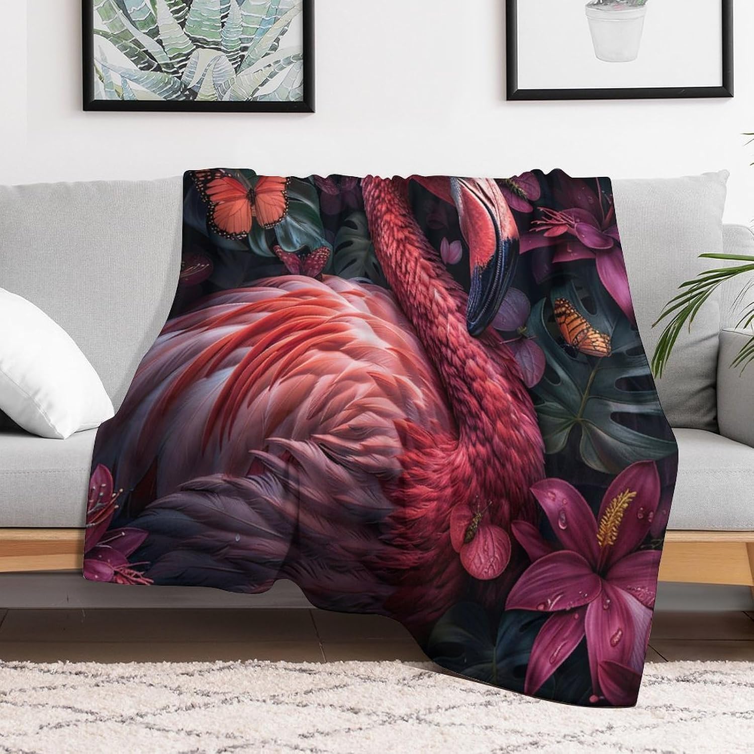 Fantasy Flamingo Animal Blanket, Soft Fuzzy Flannel Butterfly Floral Palm Leaves Throw Blanket for Sofa Couch Bed, Picnic, 30x40 Inch