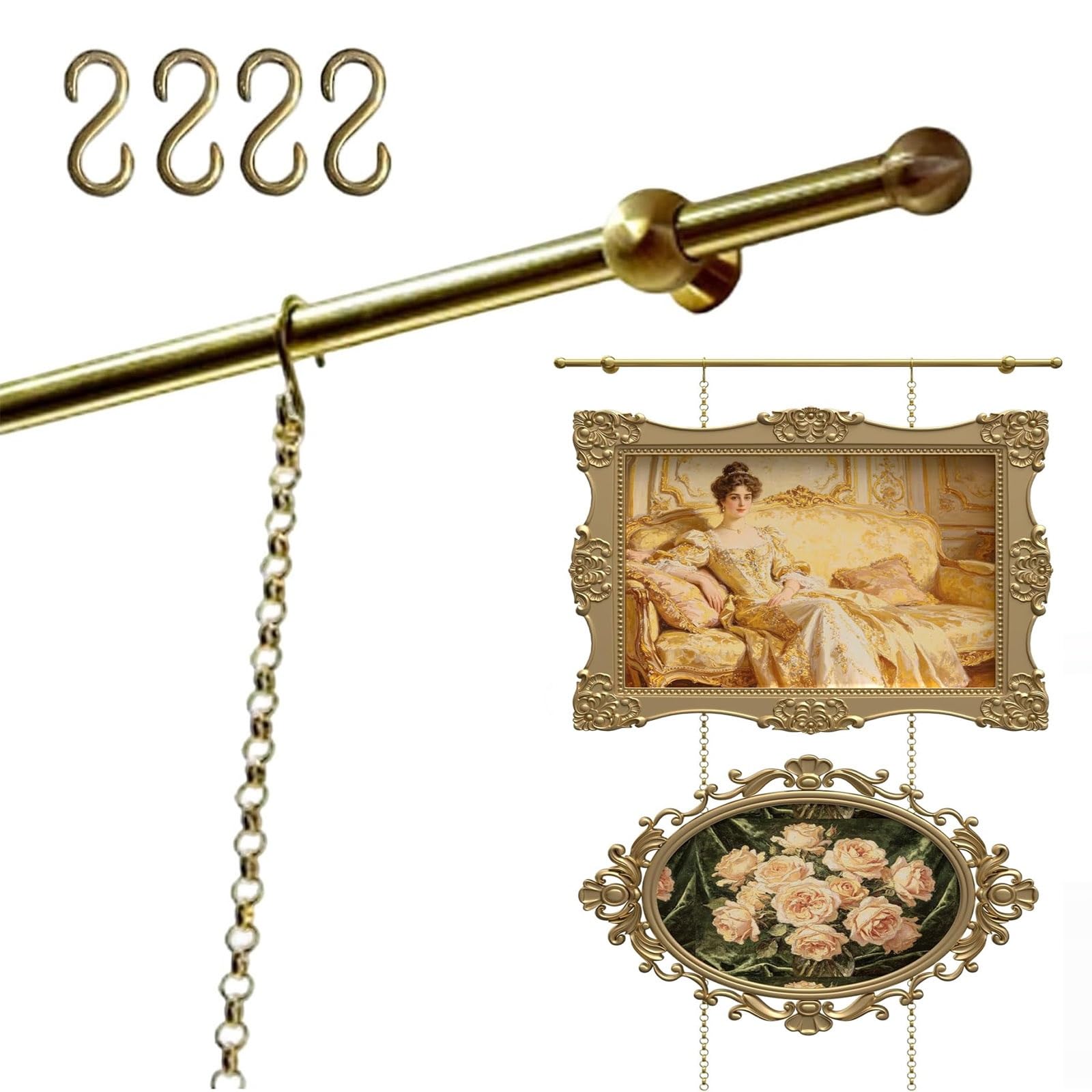 Xxbbyubo Brass Picture Rail Hanging System, Vintage Brass Display Rod with Adjustable Hanging Chains, Heavy Duty Gallery Rail for Artwork Decoration, Painting(55.1in Rod)