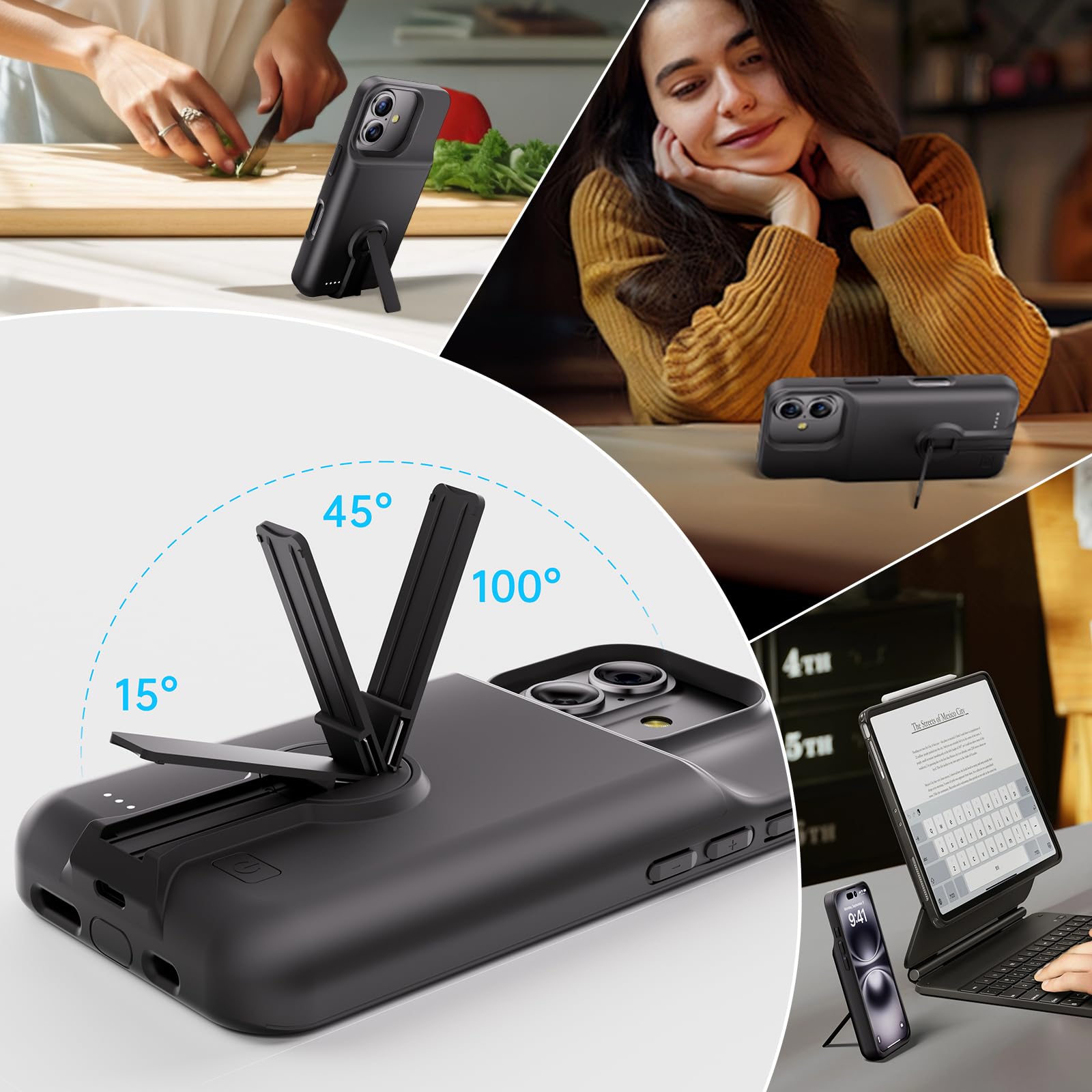 GIN FOXI Custodia con batteria per iPhone Custodia di ricarica caricabatterie portatile 6.3 pollici Nero