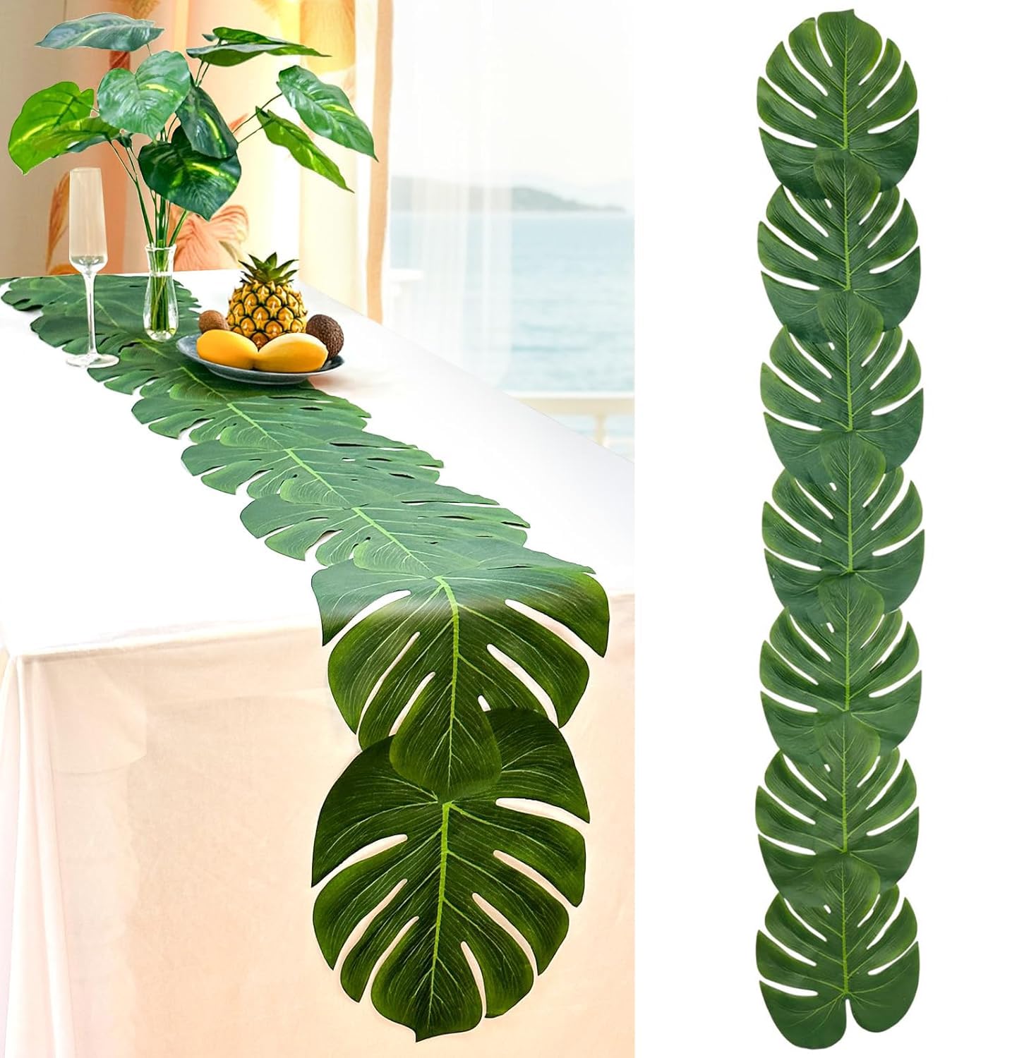 Sztuczny bieżnik na stół Monstera 28 x 178 cm, zielony bieżnik ze sztucznym liściem palmy, dekoracja hawajska, na imprezę na plaży, imprezę tematyczną, urodziny