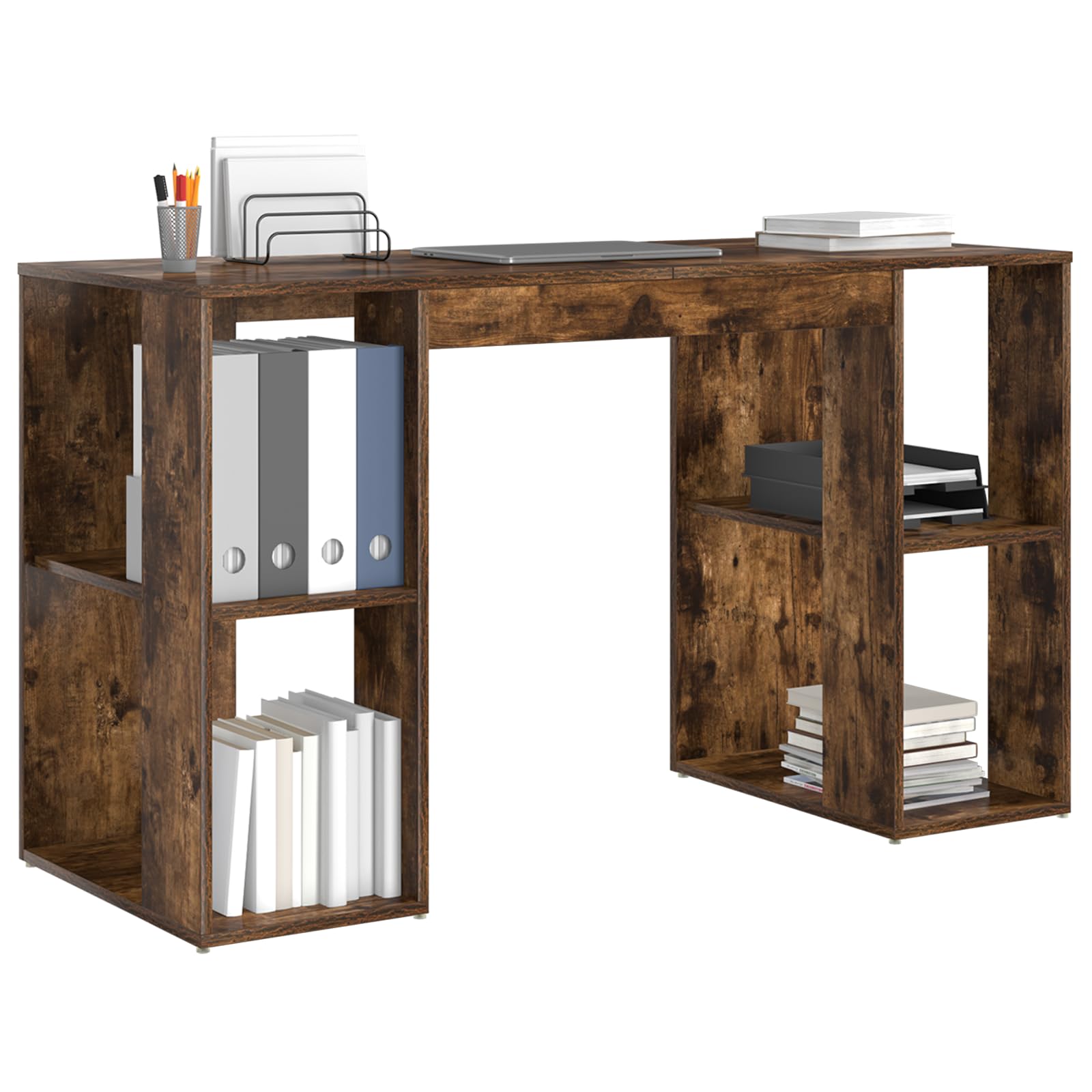 Scrivania da ufficio in legno massiccio di rovere affumicato, con ripiani, postazione di lavoro moderna per home office