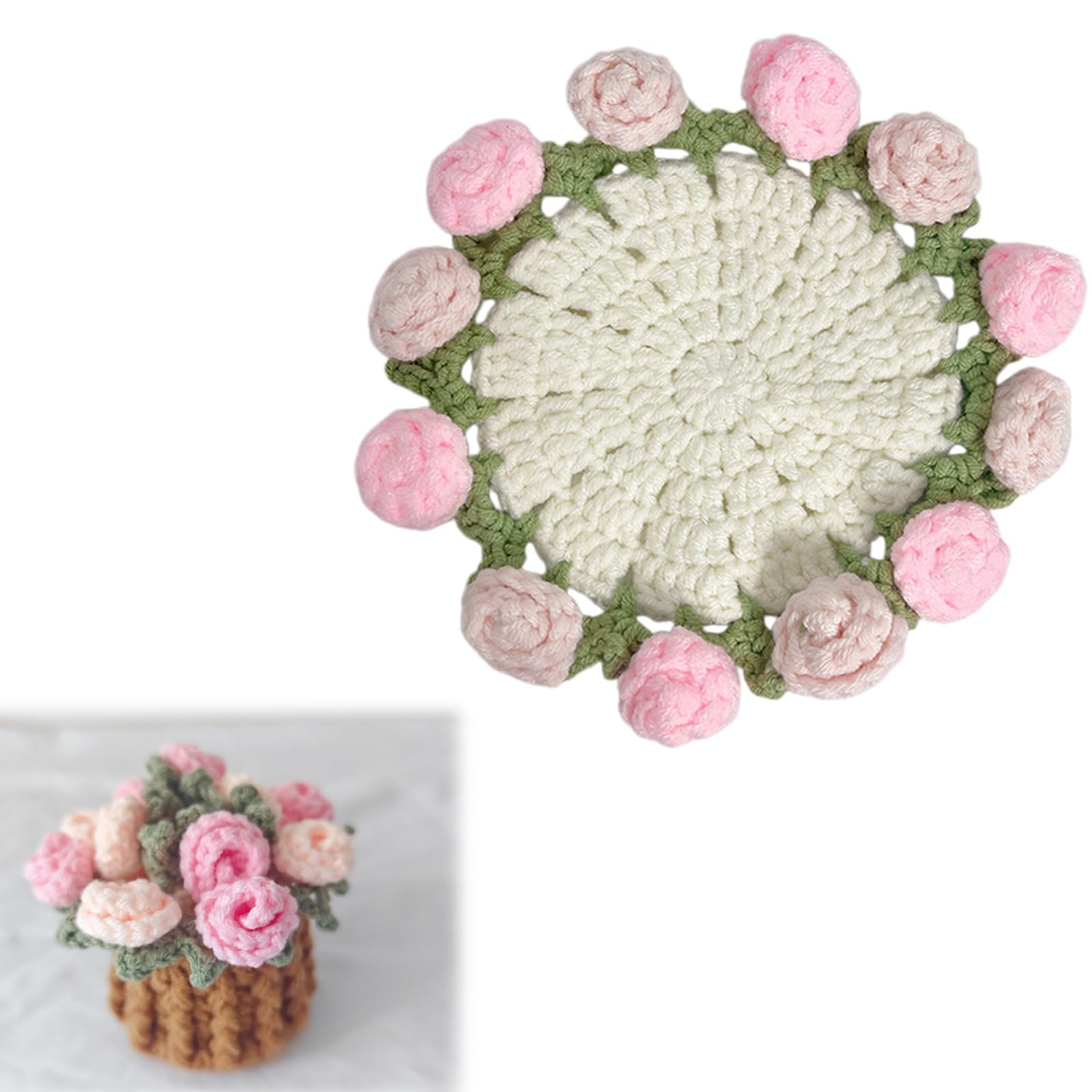 Tsophreniq Hand Knitted Miniature Blanket Rose Bouquets Coasters Set with 3D Flower for Cup Mugs Table Decors Blossomy Cup Mats Miniature Blanket Rose Arrangement