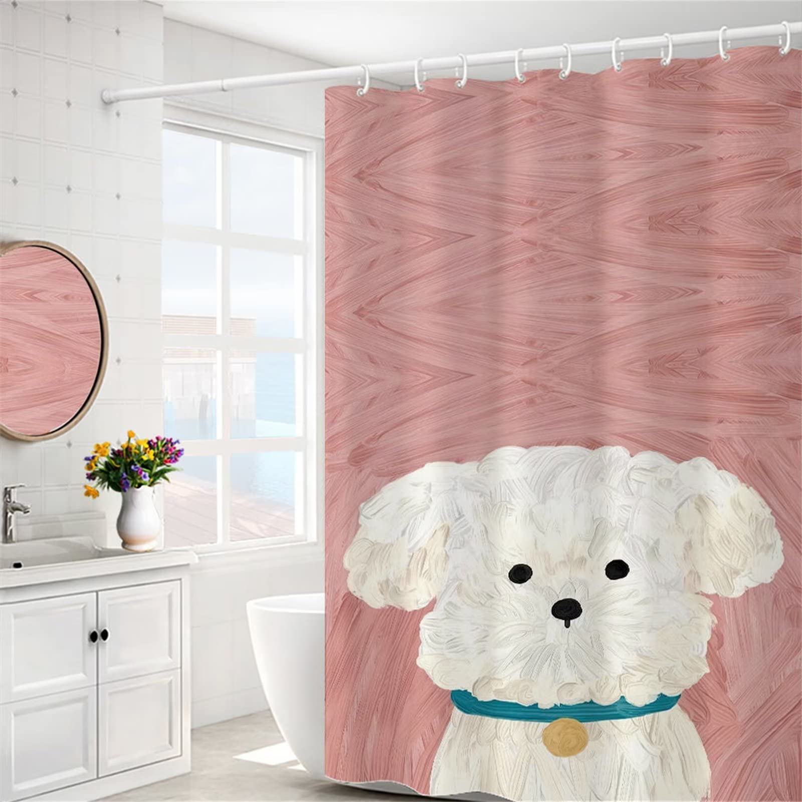 Cane bianco Tenda Doccia W300cm x L180cm Tenda per Doccia Antimuffa, Tenda da Esterno Impermeabile Tessuto, 3D Tenda con Ganci per Dormitorio Famiglia Appartamento Hotel Doccia ​Bagno Decor