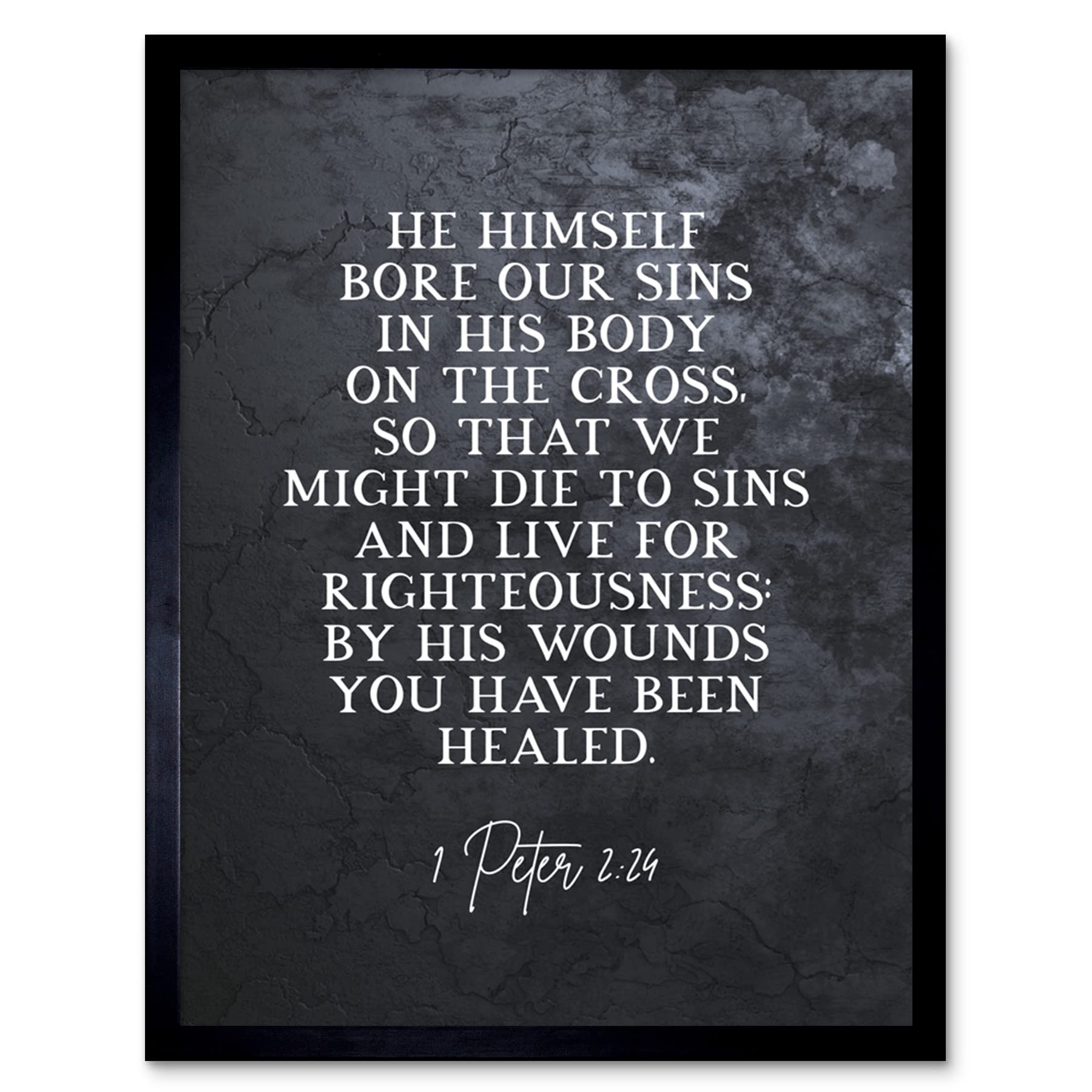 Artery8 Framed Wall Art Print - Christian Bible Verse Quote - 1 Peter 2:24 Scripture Typography - Black - 12x16 inch