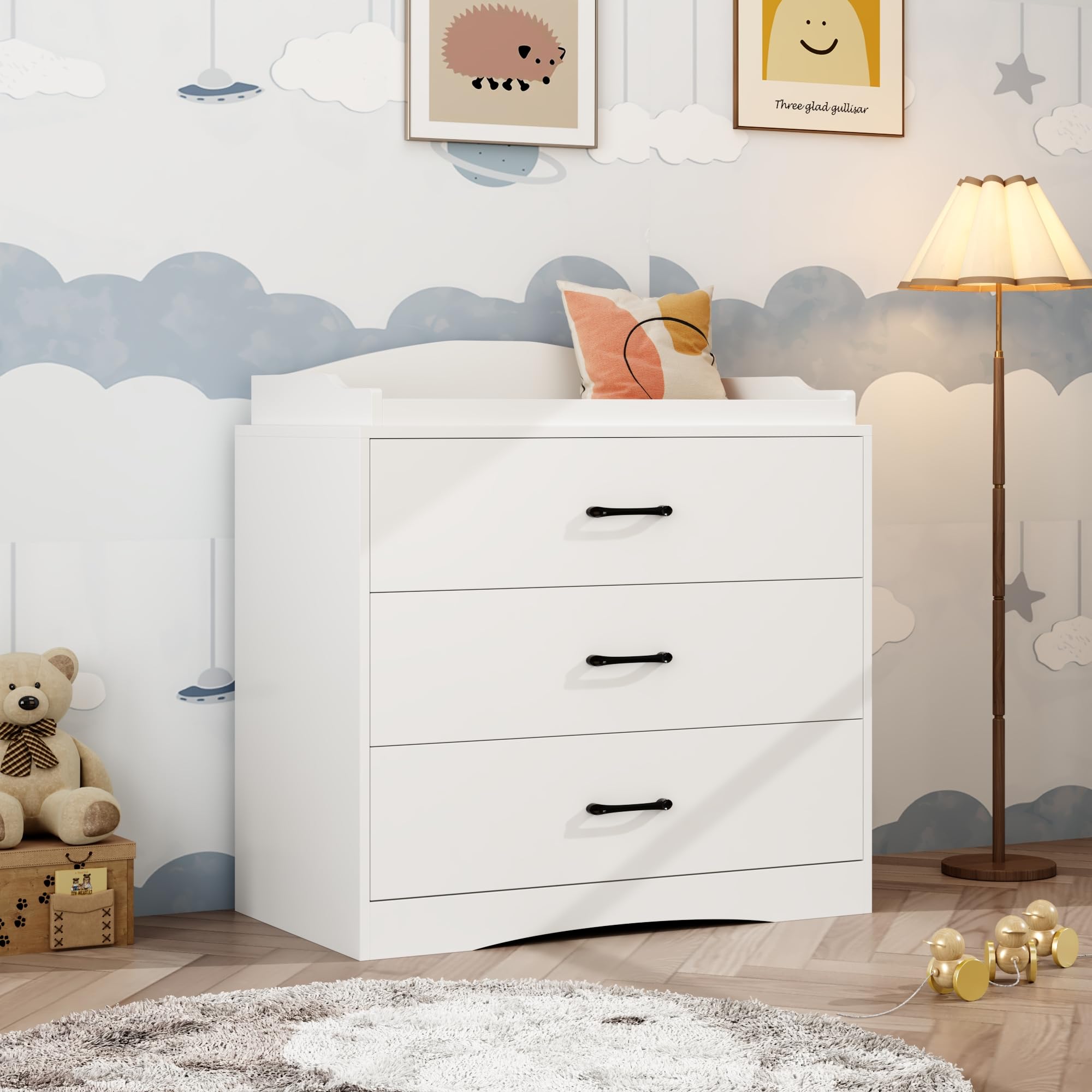 ROMSHINE Cómoda de 3 cajones para bebé con cambiador, cómoda pequeña para guardar pañales, cambiador para habitación infantil y dormitorio infantil, color blanco, 35,4 de ancho x 19,7 de profundidad x 35,4 de alto